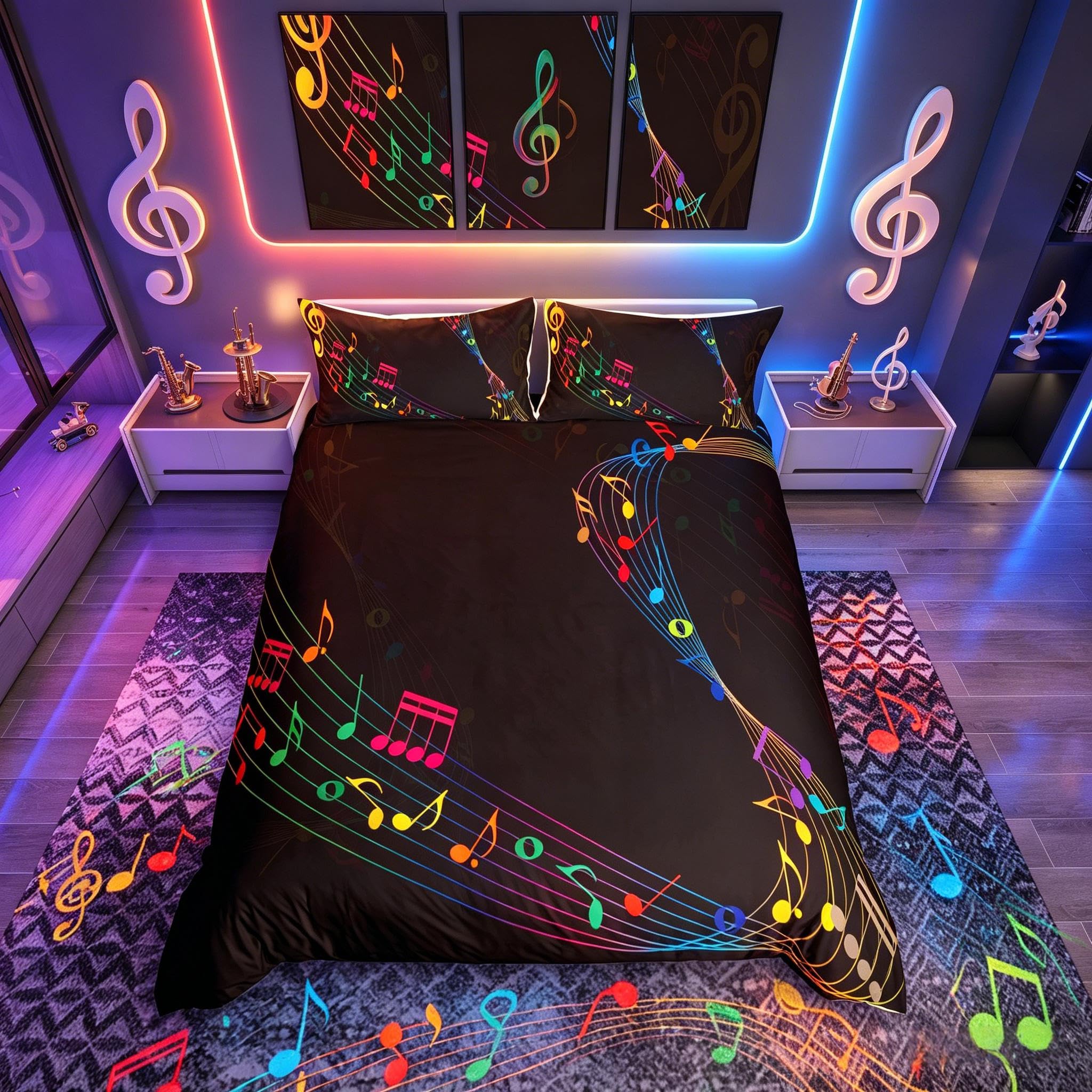Loussiesd Musical Note Pattern Bedding Set for Girls Boys Children Classic Music Themed Comforter Cover Colorful Staff Decor Duvet Cover Music Geometric Stripe Bedspread Cover Double 3Pcs Bedclothes