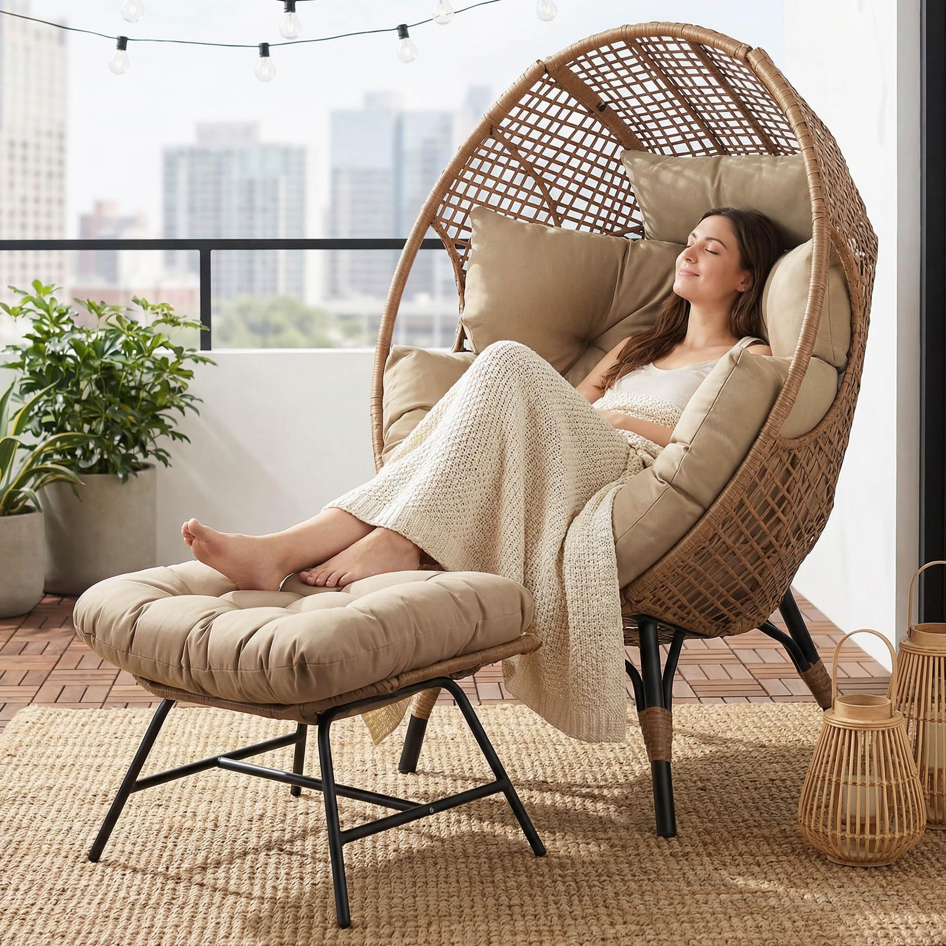 NICESOUL Egg Chair Indoor Outdoor, Large Egg Lounge Chair w/Ottoman, Oversized Comfy Cushioned Brid Cage Seat 440lbs, Boho Nest Seat with Footstool