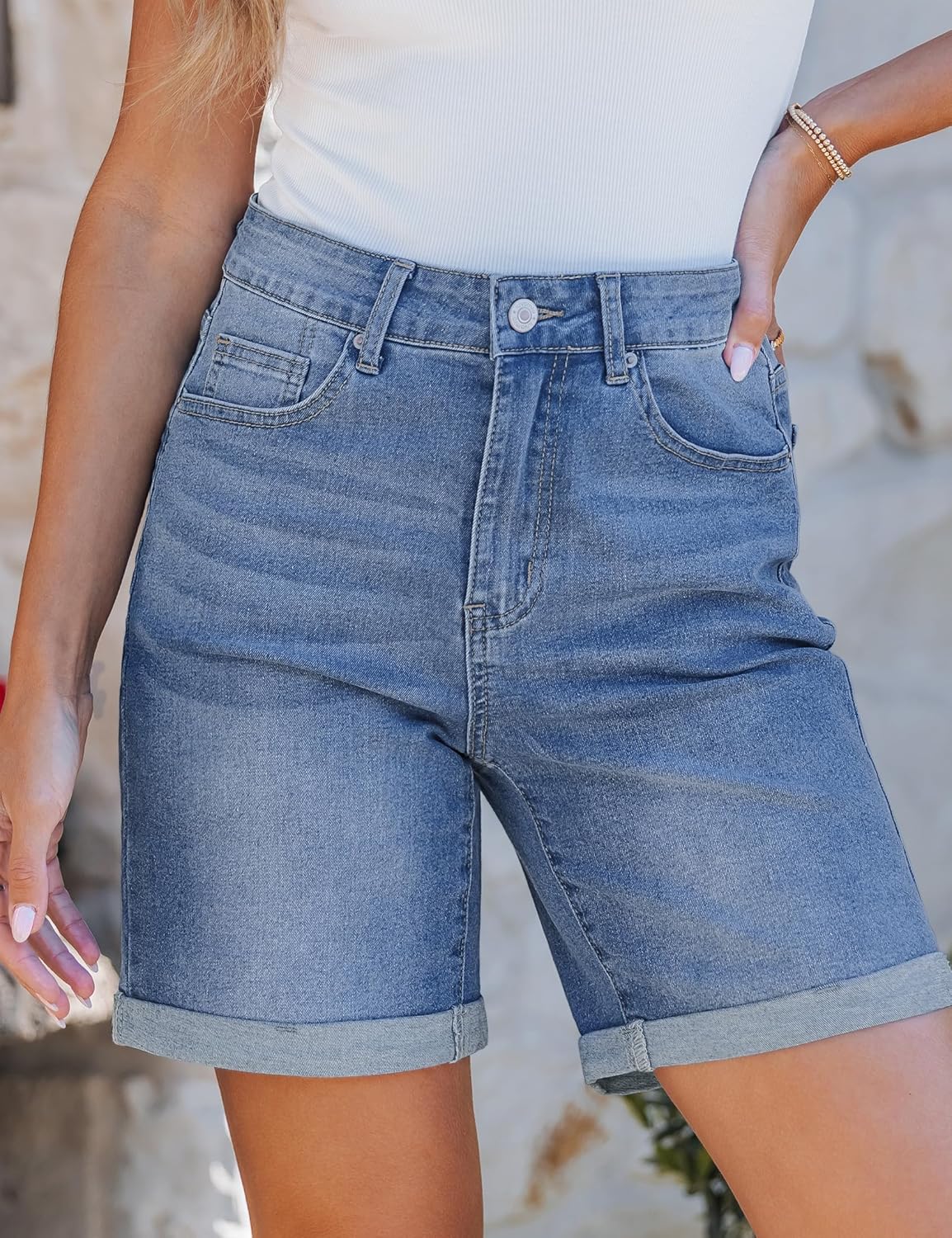 luvamia Jean Shorts for Women High Waisted Trendy Causal Summer Fold Hem Stretchy Long Denim Shorts 7 Inch Inseam - Image 2