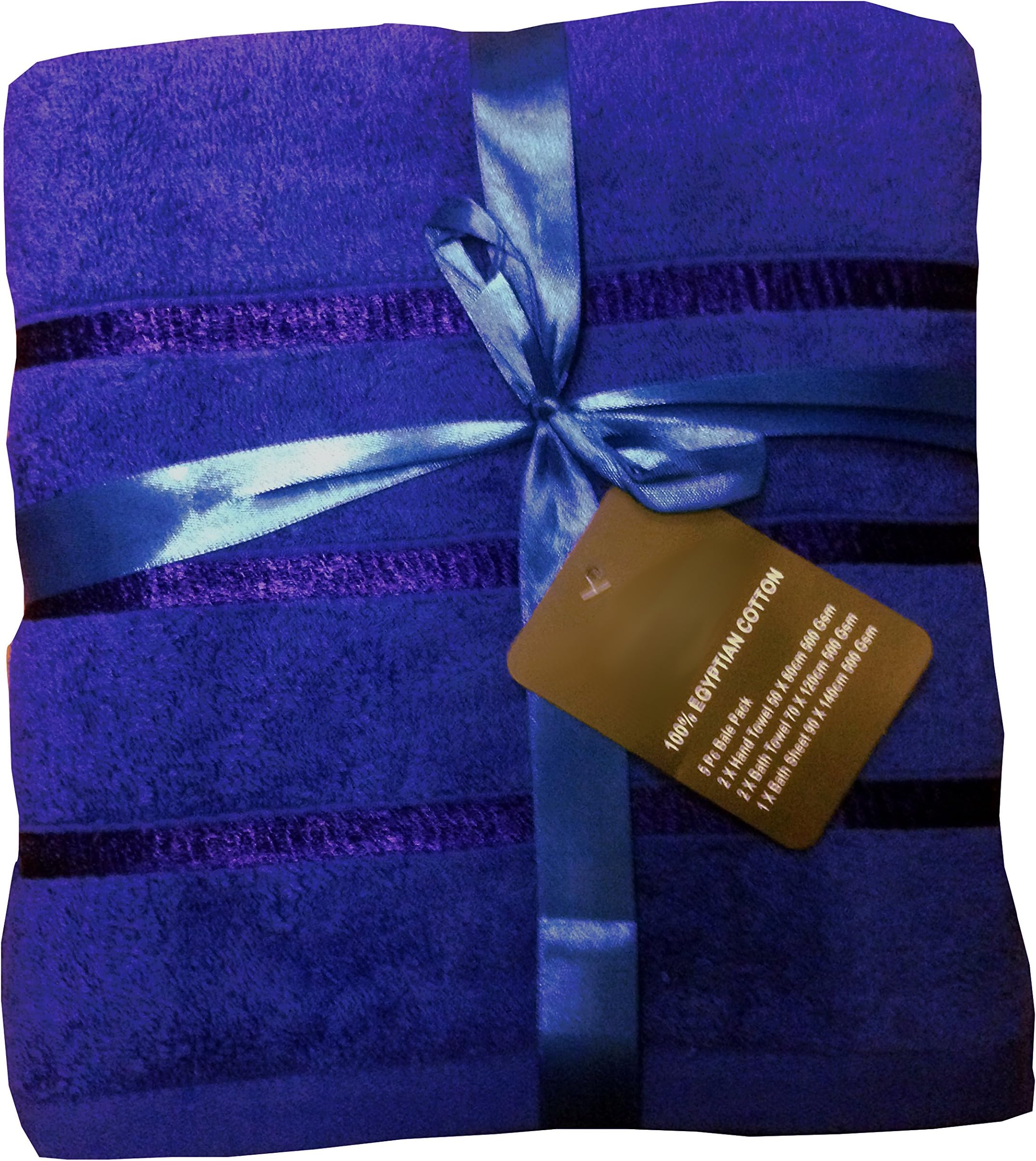 Royal Blue 500 GSM Satin Stripe 100% Cotton 5 Piece Towel Bale - 2 Hand Towels & 2 Bath Towels & 1 Bath Sheet
