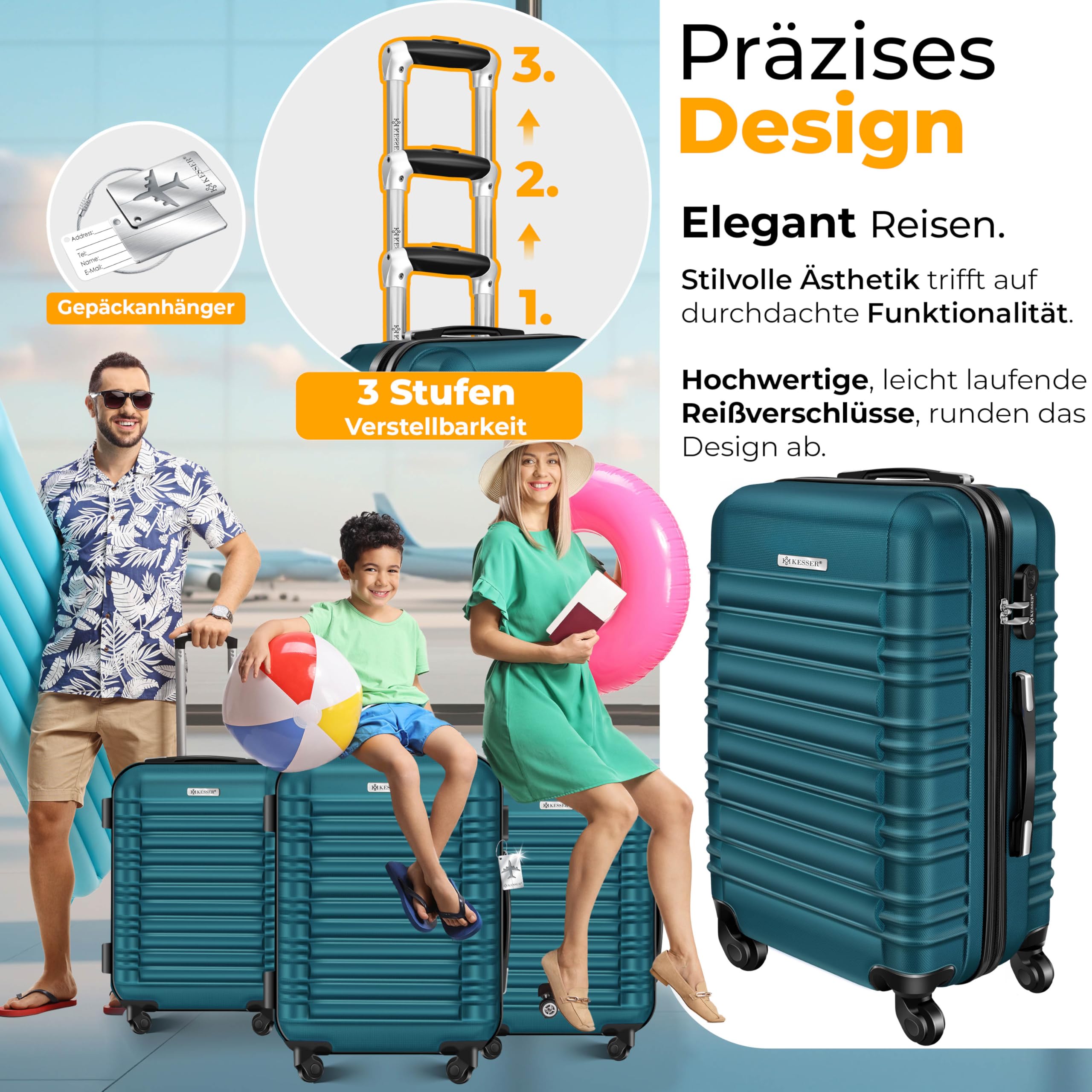 KESSER® Set di 3 valigie rigide, set di valigie da viaggio, set di valigie trolley, incl. bilancia per bagagli + etichetta per bagagli, chiusura per valigie rotolanti, manico telescopico M-L-XL