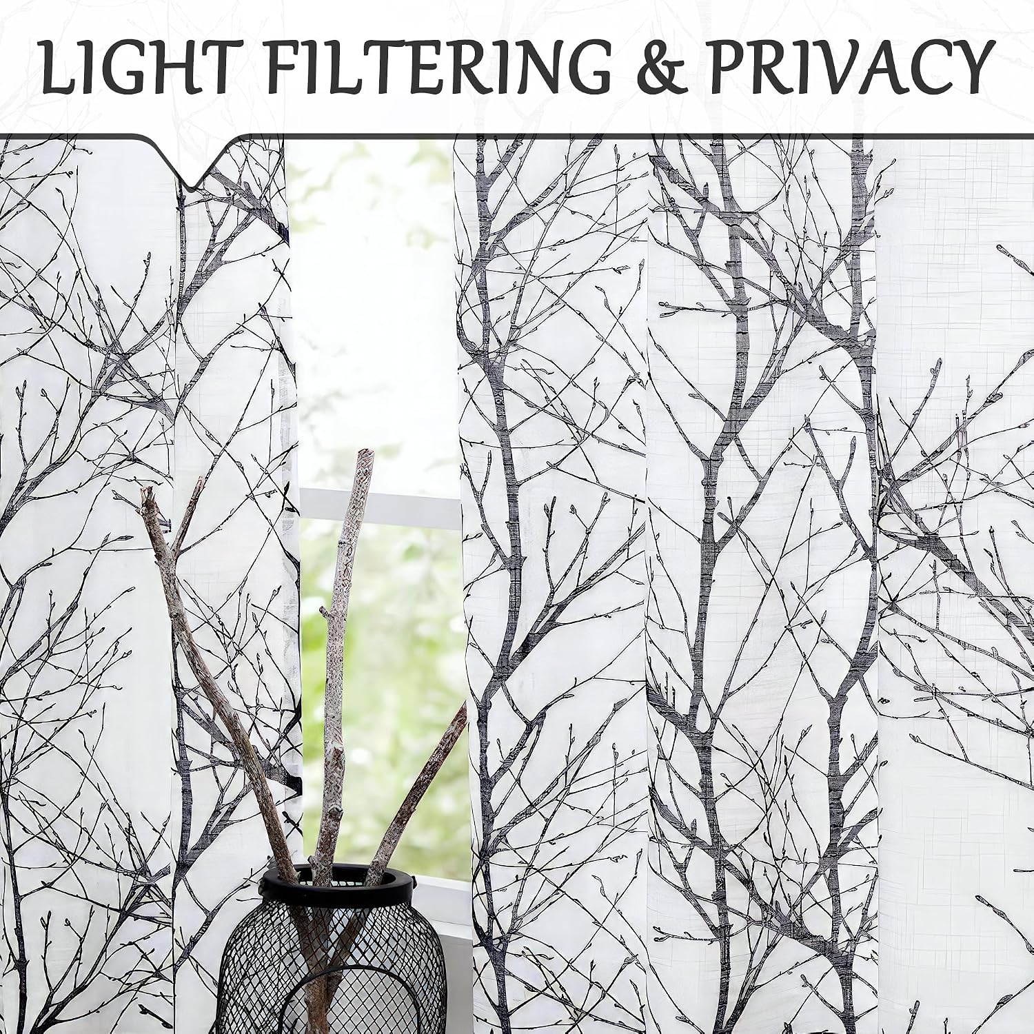 FMFUNCTEX Sheer Sidelight Front Door Curtains 40 Inches Long White Black Branch Tree Half Print Curtain for Patio Doors with Matching Tiebacks 24 Inches Wide 2 Panels Set