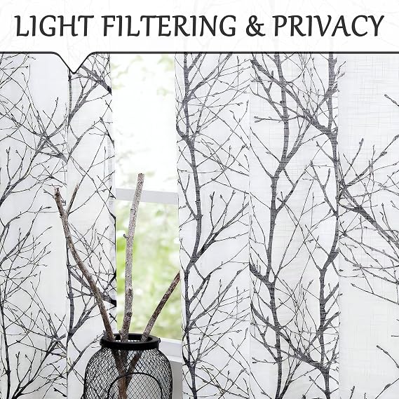 FMFUNCTEX Sheer Sidelight Front Door Curtains 40 Inches Long White Black Branch Tree Half Print Curtain for Patio Doors with Matching Tiebacks 24 Inches Wide 2 Panels Set