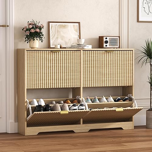 Miniatura 24 de Armario de zapatos para entrada con 3 cajones abatibles, armario de zapatos acanalado de roble con estantes ajustables, zapatero oculto de madera