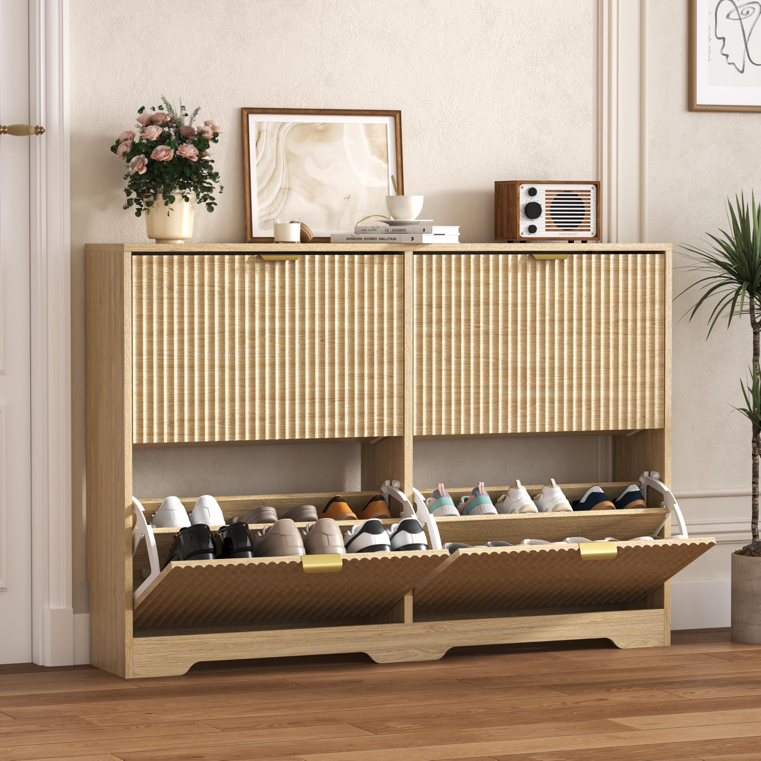 HUANLEGO Shoe Cabinet Storage for Entryway with 4 Flip Drawer, Oak