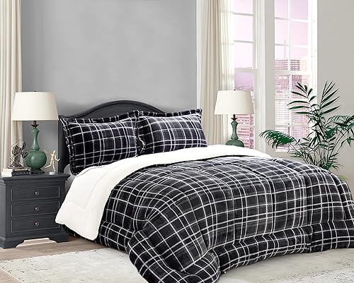 Elegant Comfort Edredón de sherpa suave y afelpado, colección Lilith a cuadros, juego de cama de 2 piezas, microgamuza alternativa reversible,