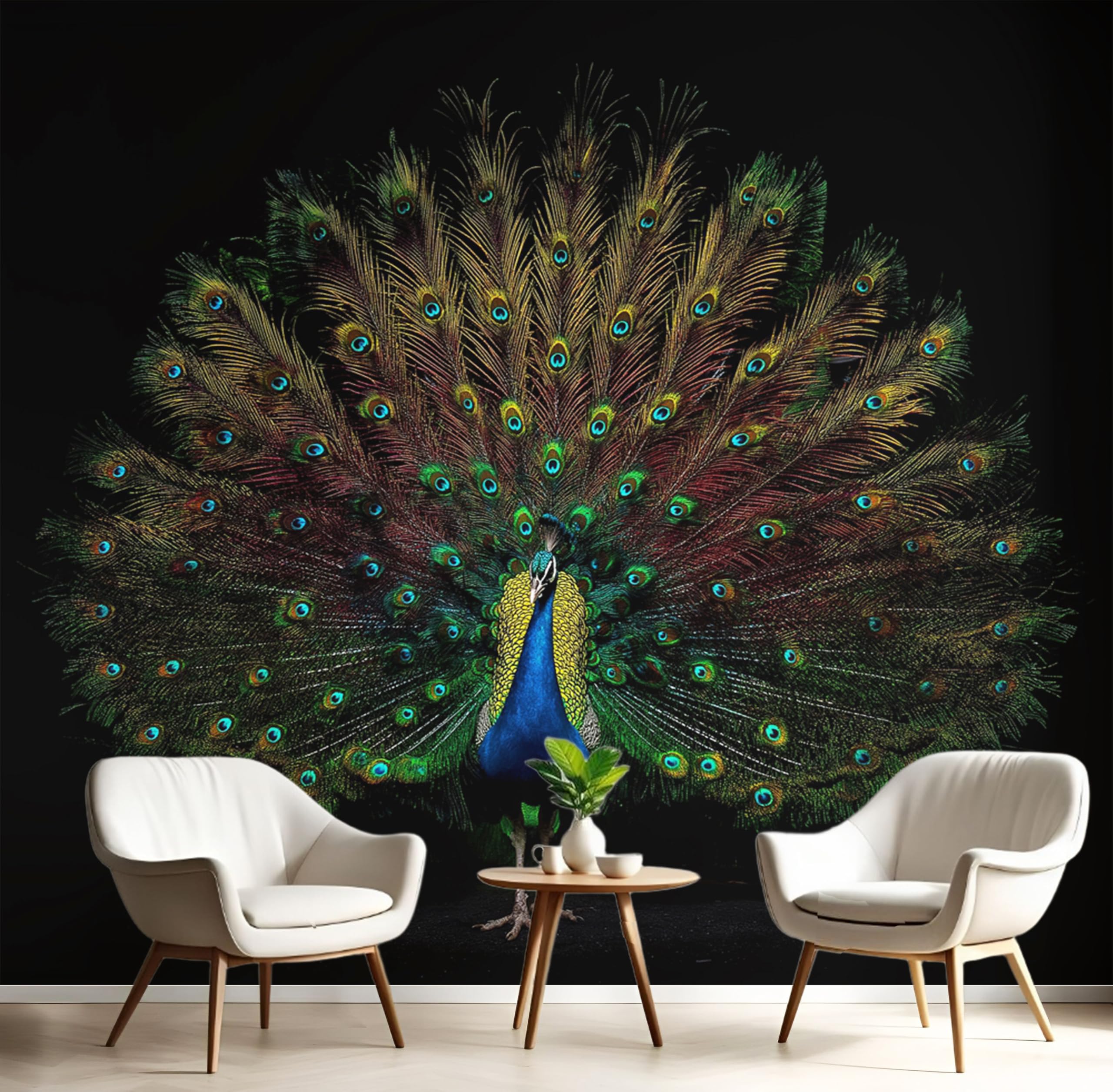 Papier peint plumes de paon 3D au design raffiné pour mur intérieur