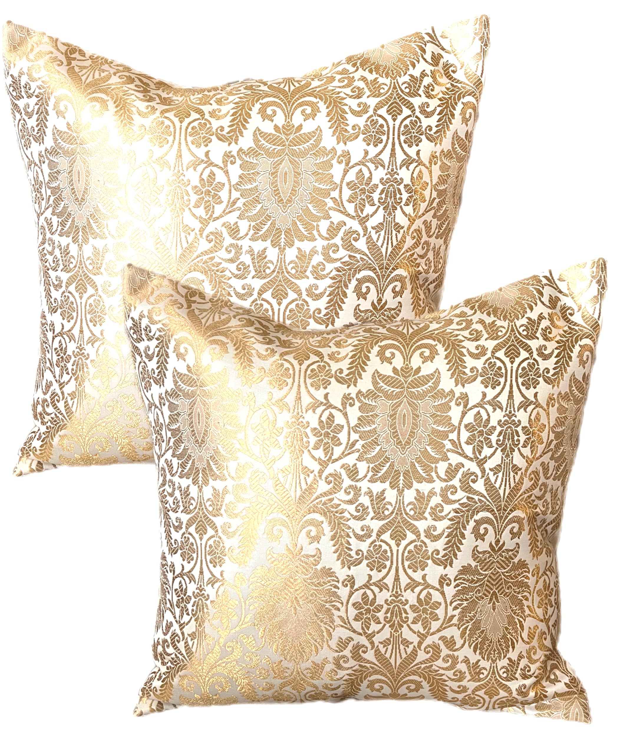 Pilovilo Brocade Set of 2 White Gold Banarasi Silk Cushion Covers Festive Size 16"x16" with Silk Back (White Banarasi, Set of 2, Regular Size)-image-44