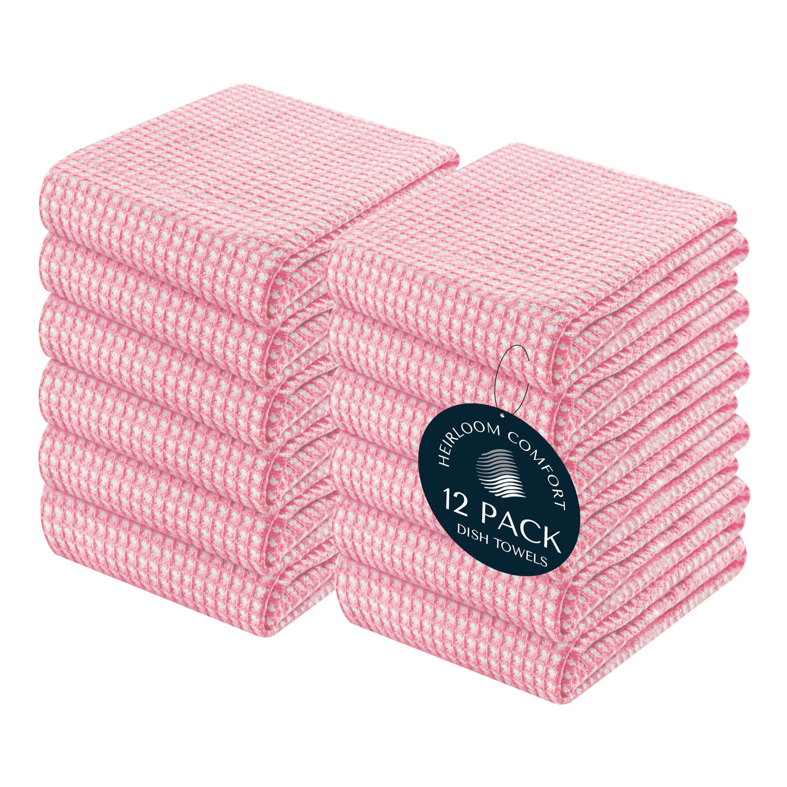 HEIRLOOM COMFORT 12 Pack Dual Tone Waffle Weave Kitchen Towels, 40x66 cm, 100% Cotton, Absorbent, Fast Dry, Soft for Cleaning, Durable Dishcloth Set, Machine Washable, Hand Dish Towels, Baby Pink