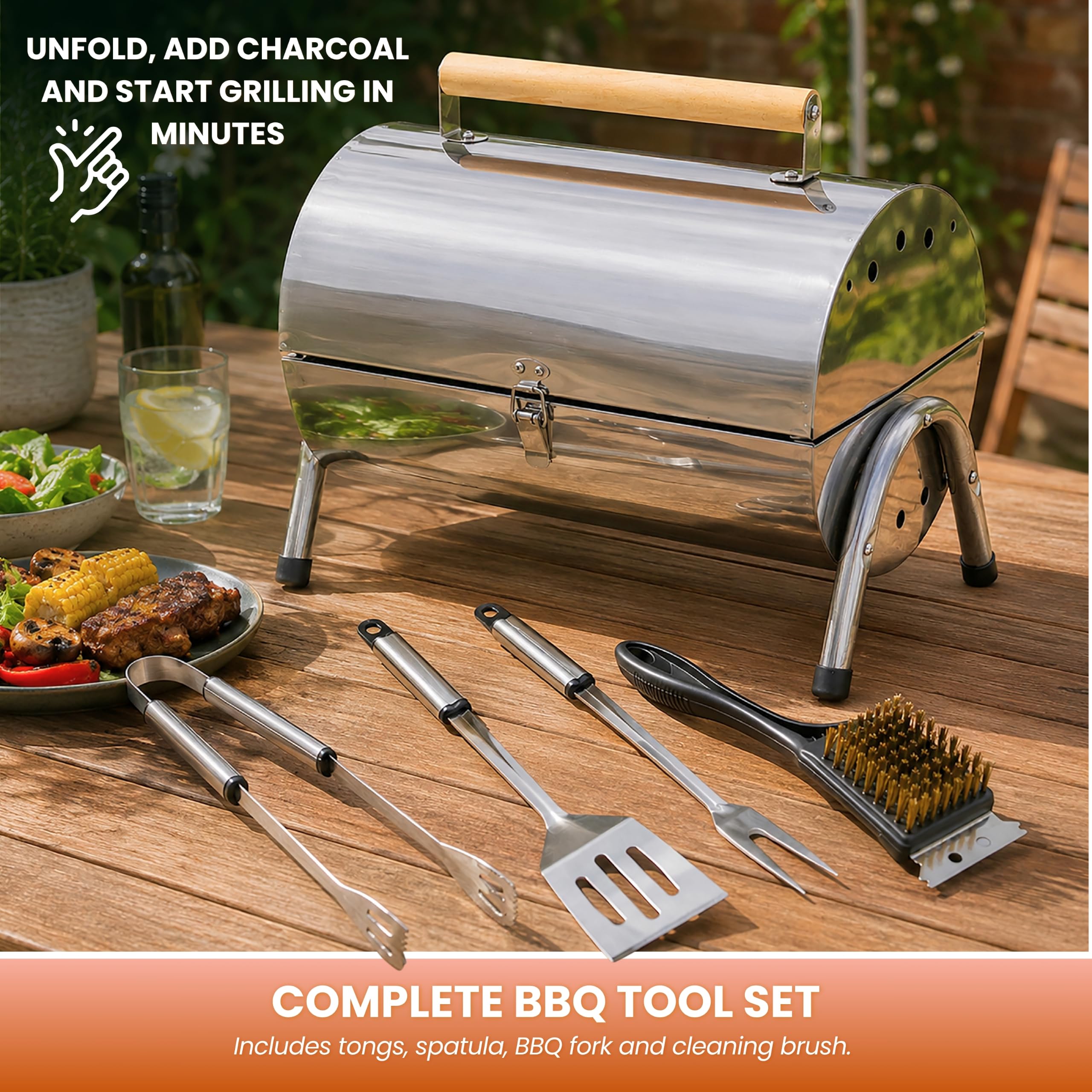 Garden Mile Parrilla grande de carbón de acero inoxidable para barbacoa de medio barril abierto, portátil, parrilla de carbón con mango de madera para el hogar, bar, jardín, fiesta