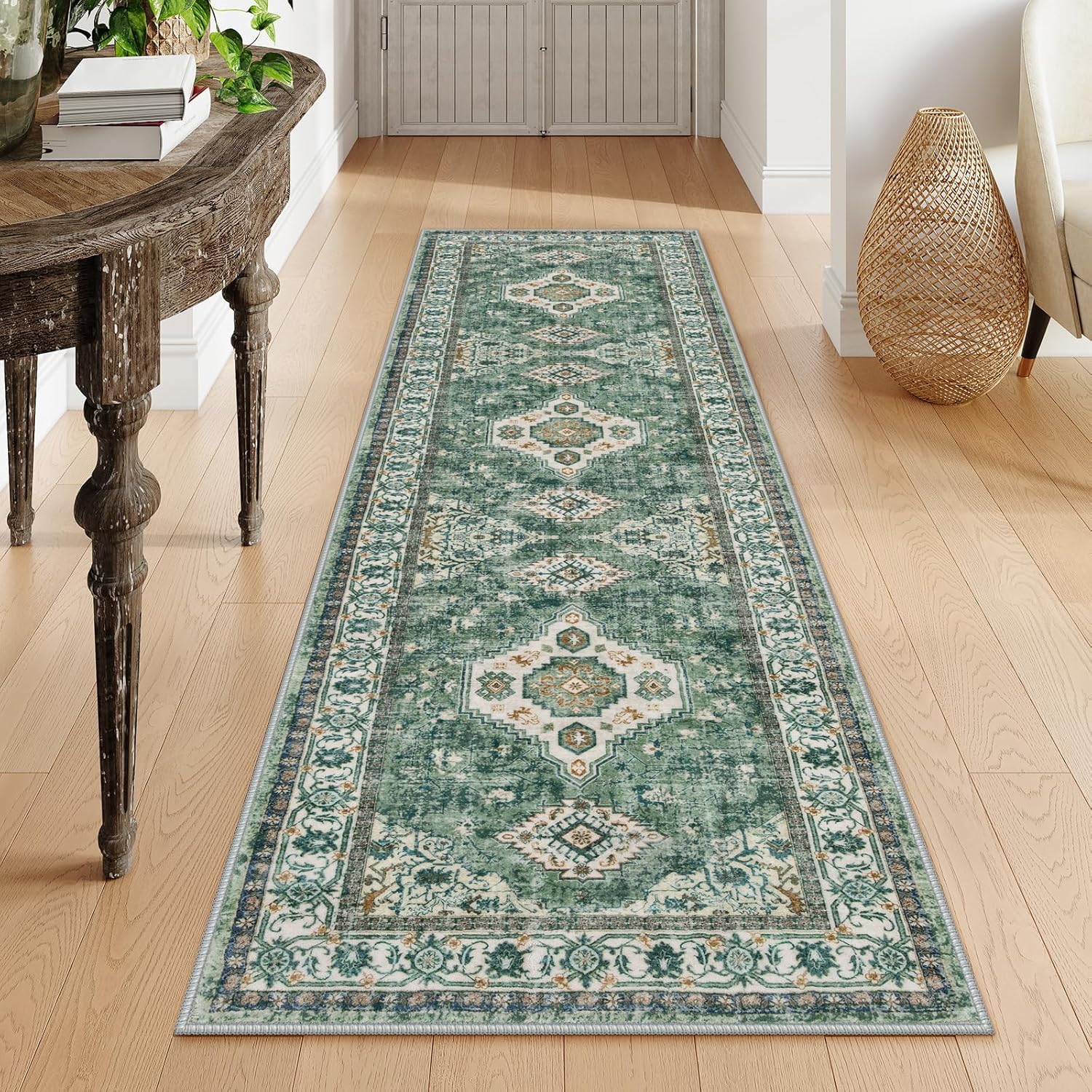 Green Floral 2' x 6' Washable Non-Slip Runner Rug