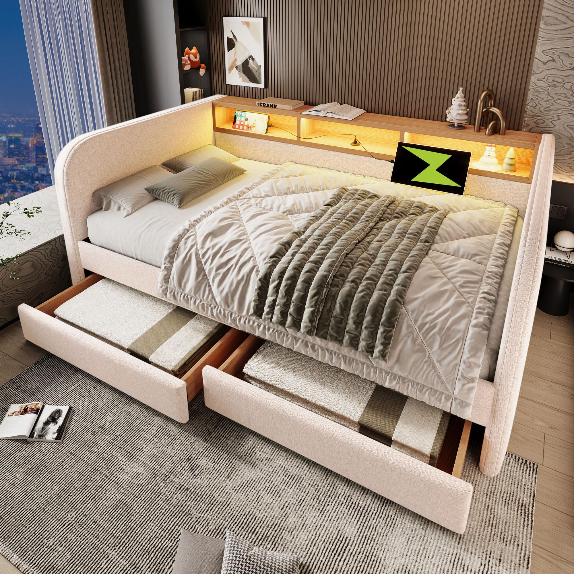 Divano Letto Imbottito 140x190 cm con LED e USB-C, Letto Matrimoniale con 2 Cassetti e Testiera Contenitore, Letto Multifunzione Struttura del letto con Rete a Doghe, Letto per gli ospiti, Beige