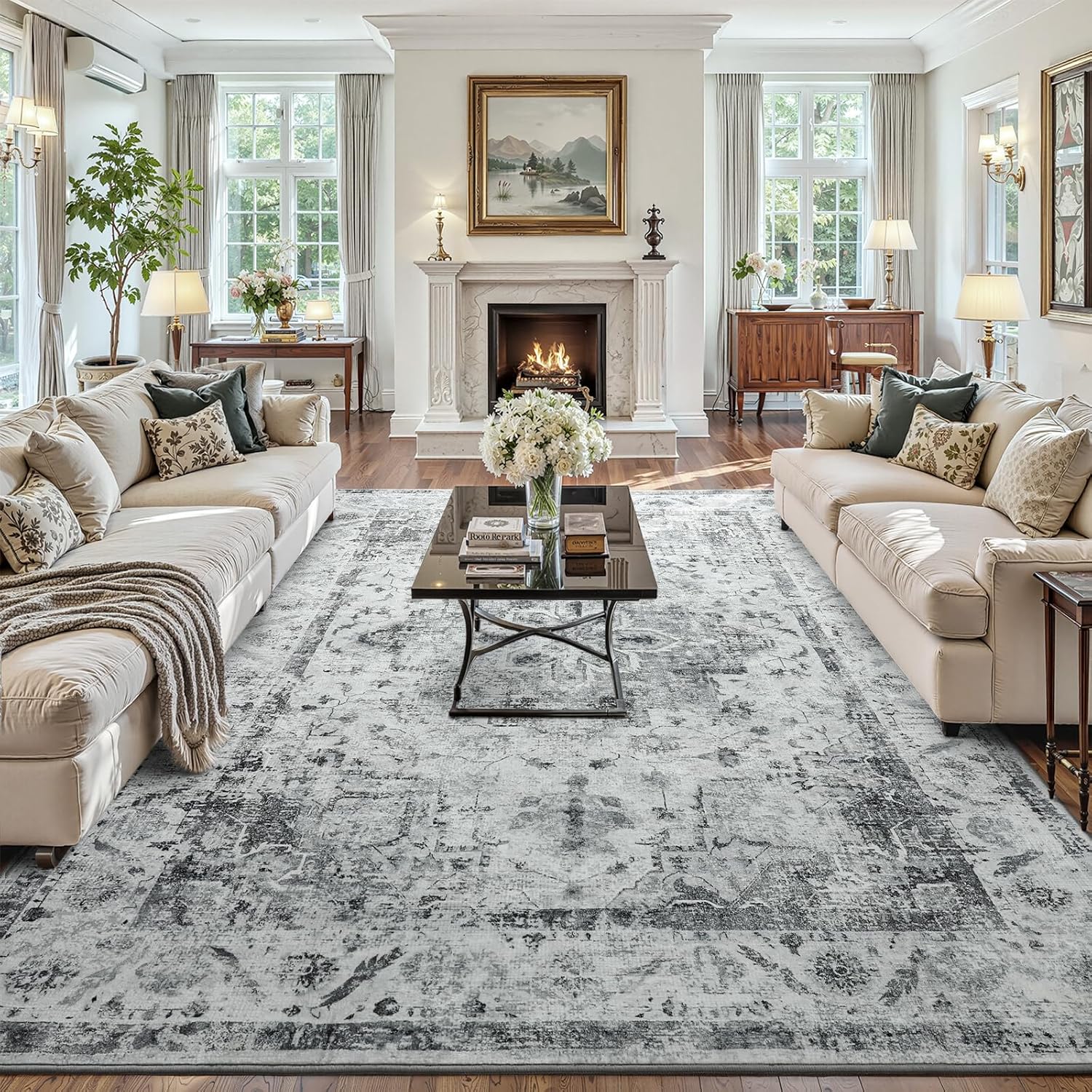YOH Boho Washable Rug 6x9, Light Gray Vintage Non Slip Area Rug, Distressed Indoor Carpet for Living Room Bedroom Kitchen Office