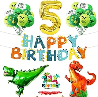 Happy 5th Birthday Balloons Set Dinosaur Themed Decoration â€“ Dino Happy Birthday Banner and Cake Topper Party Supplies