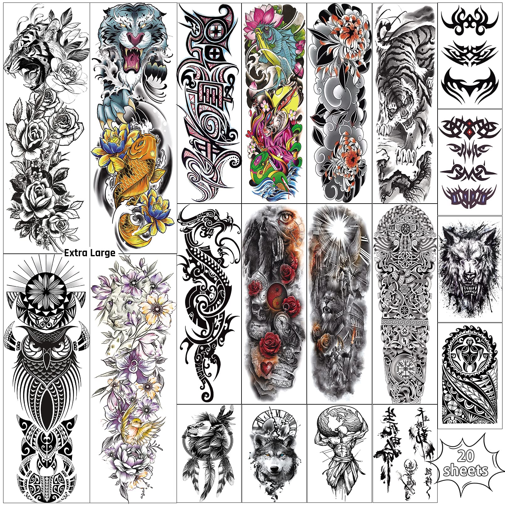 Aresvns Full Arm Temporary Tattoos for Men and Women (L19“xW7”), Sleeve Tattoos Waterproof and Long Lasting, Large Realistic Fake Tattoos 20 sheets