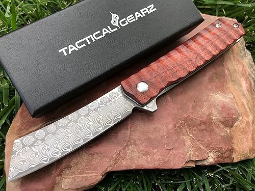 Cuchillo de bolsillo EDC de Damasco, TG Rogue XS! Mango de palisandro, hoja recta de Damasco con 67 capas y un núcleo VG10. Sistema de pivote de