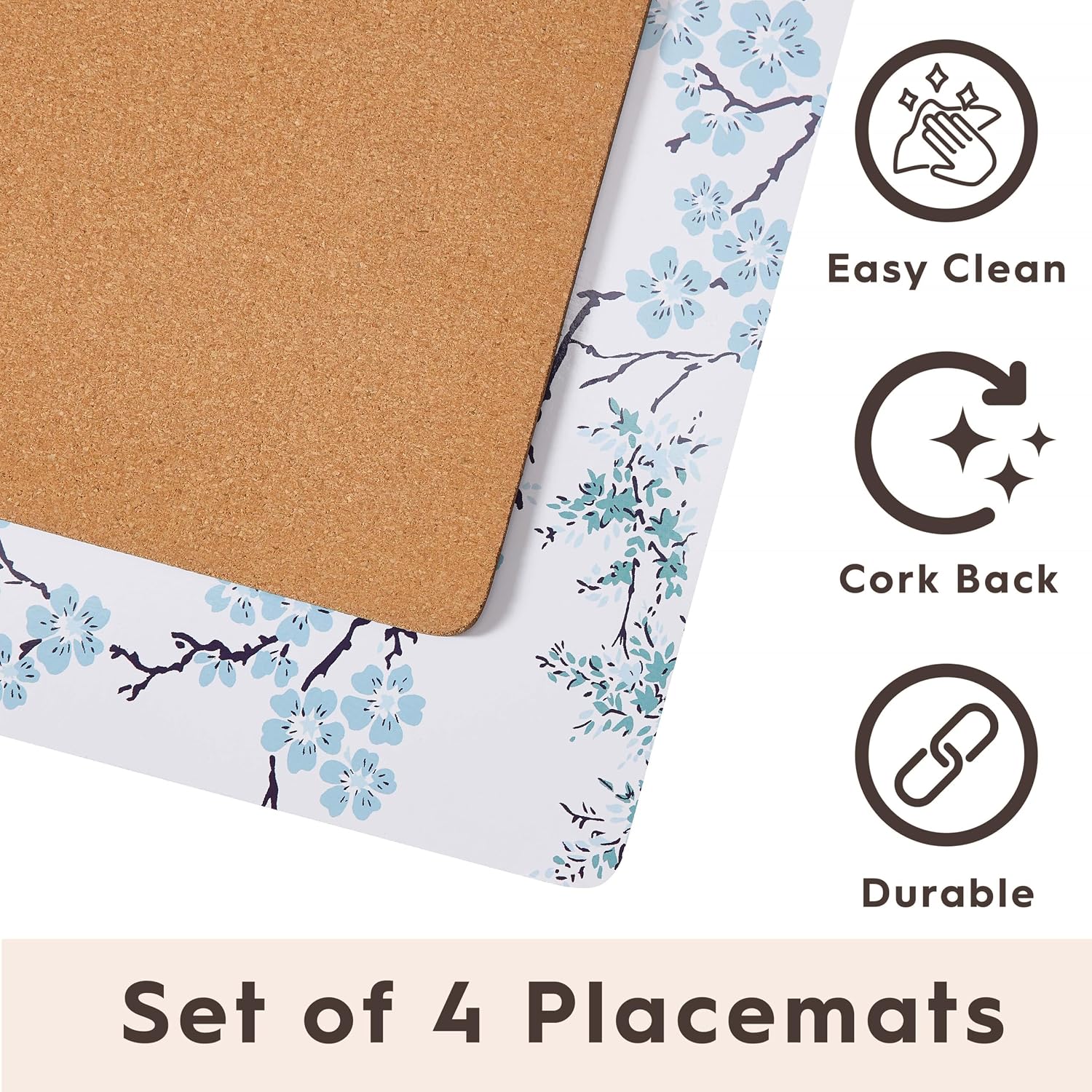Laura Ashley Cork Placemats 16 x 12-inch for Kitchen and Dining Tables, Heat Resistant, Durable, Easy Clean, Set of 4, Oriental Blossom