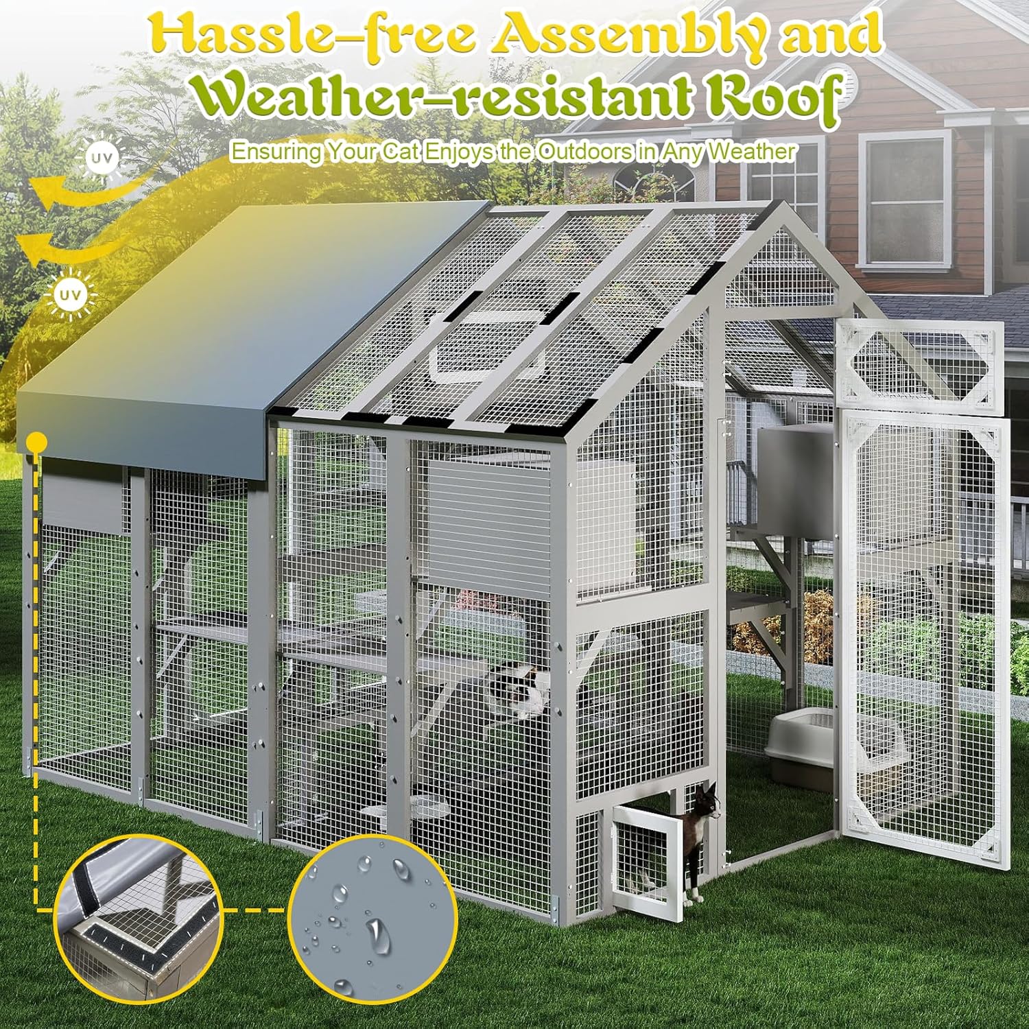 PetsCosset 71" H Catio Outdoor Cat Enclosure for Multiple Cats Large Wooden Walk in Cats House Outside Weatherproof Roof,Attached to House's Window,Cat's Door and Tunnel