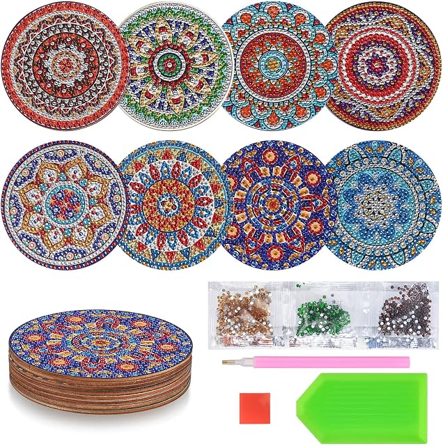 8 Pcs 5D DIY Diamond Arts and Crafts Painting Coasters, Round Diamond Art Cup Drinks Coasters with Mandala Pattern, Table Coasters for Adults Kids Crafts Coasters