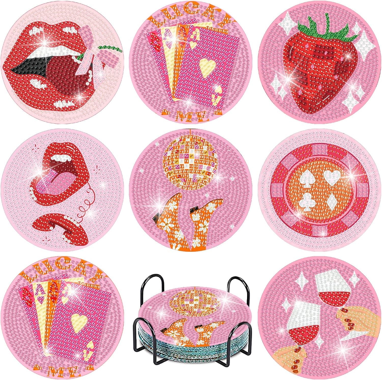 Jakener Bdwy347-Uk 8 Pcs Pink Disco Diamond Art Painting Coasters Kits, Coaster With Holder For Adults, Non-Slip Diy Dot Paint Craft Kits,5D Full Drill Diy Diamond Dot Gem Art Kit Home Decor Arts Craft