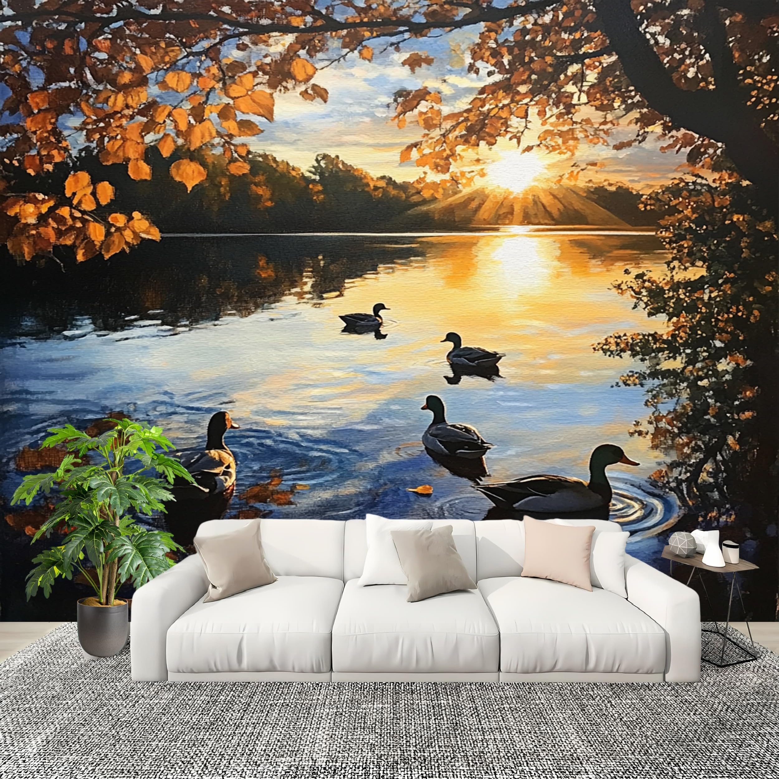Photo murale salon au crépuscule avec un magnifique papier peint paysage 3d