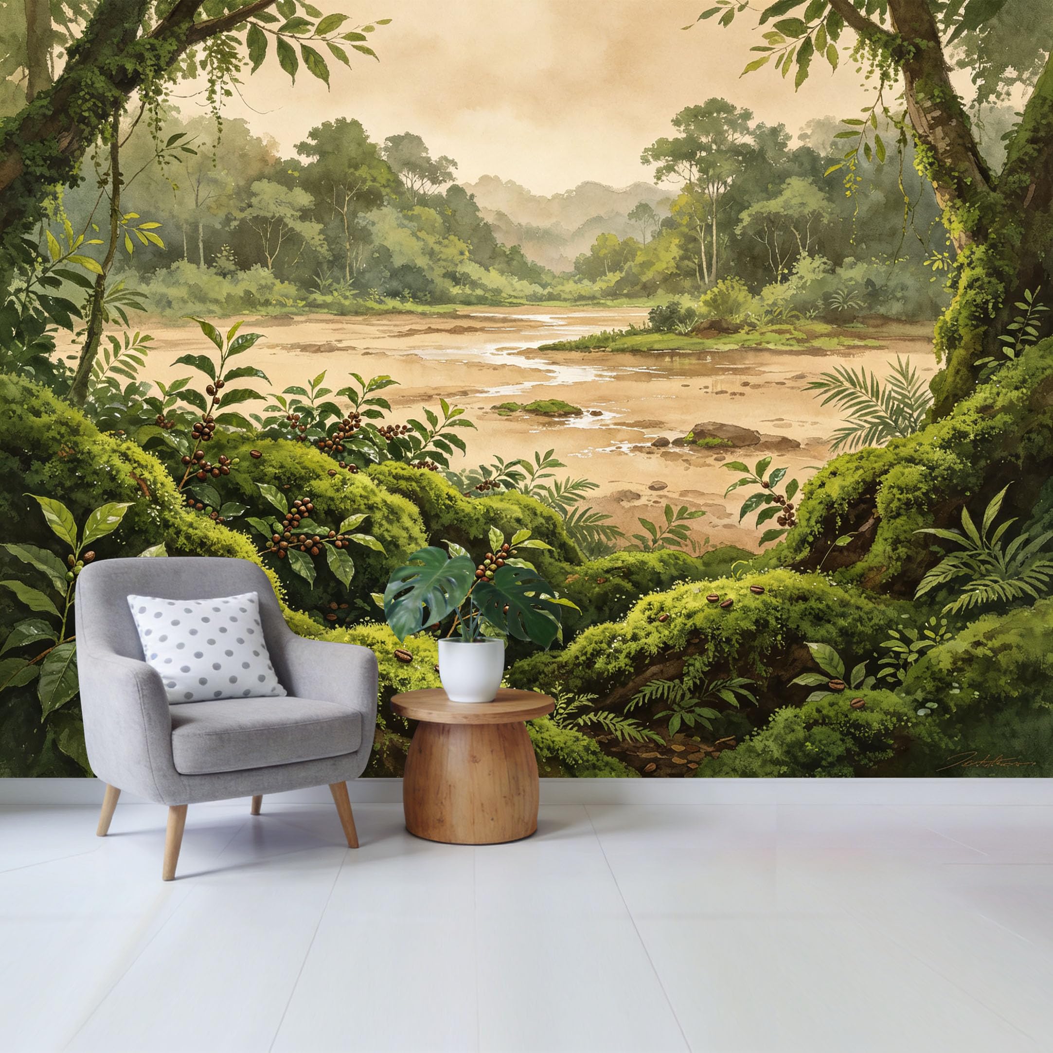 Qzlithotic Yq2605250597 Custom Size Wall Mural Tropical Rainforest River Landscape Watercolor Botanical Coffee Beans Selfadhesive Wall Fabric Removable Wallpaper For Home Office Decor