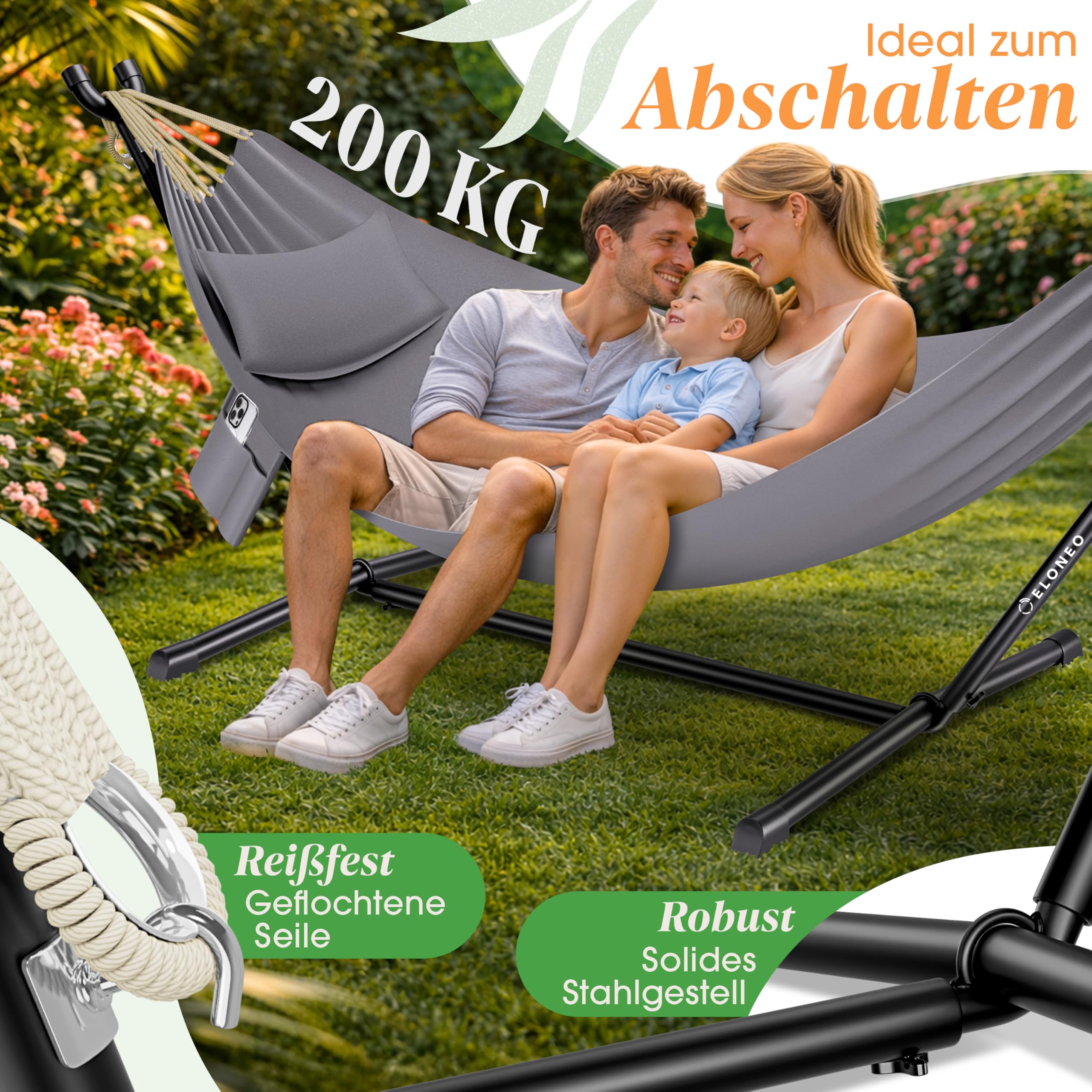 ELONEO Hängematte mit Gestell für 2 Personen | 200 kg Belastbarkeit | höhenverstellbares Hängemattengestell Outdoor und Indoor | Hammock inklusive Kissen, Tragetasche und Beutel - 3