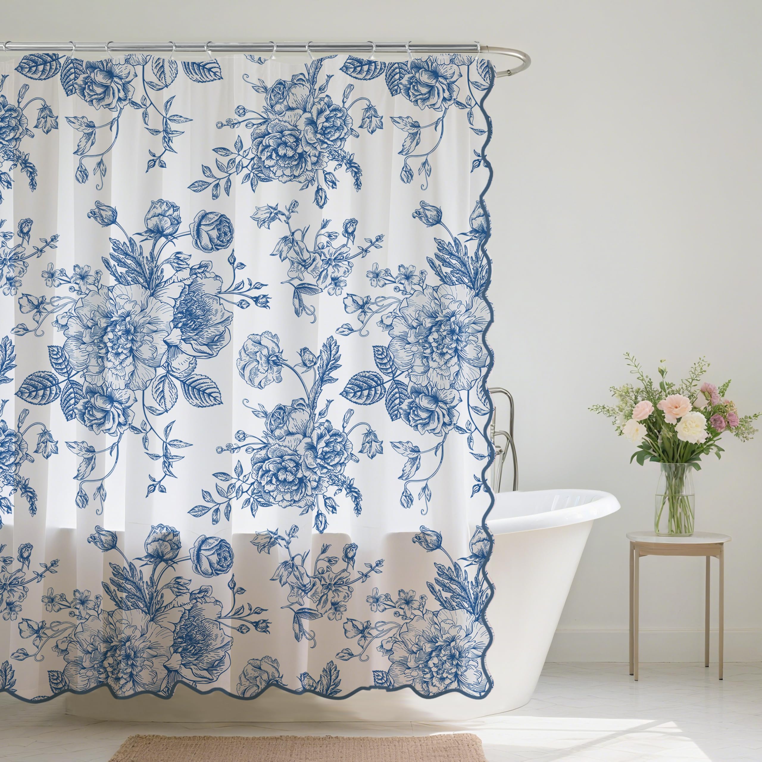 MUGINYU Blue Floral Shower Curtain with Scalloped Border for Bathroom Decor,Cute Ruffle Girly Shower Curtains,Cottagecore Farmhouse French Country Shower Curtain Set with Hooks 72x72 Inch