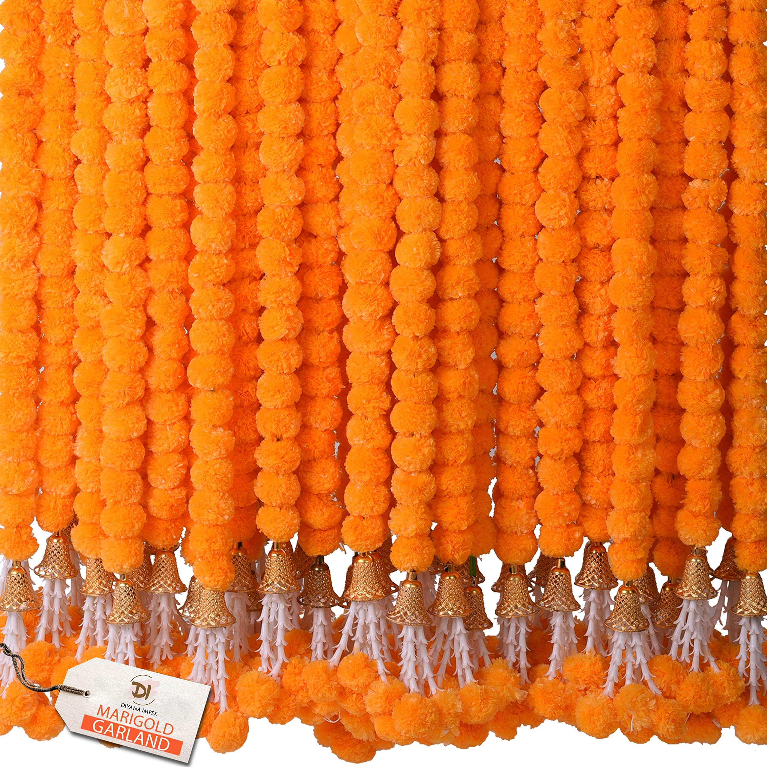 DIYANA IMPEX Marigold Garland for Decoration 5 Pcs of 5 feet Long Strands Artificial Marigold Flowers with Bell, Indian Décor for Pooja/Diwali/Wedding/Christmas (Orange)