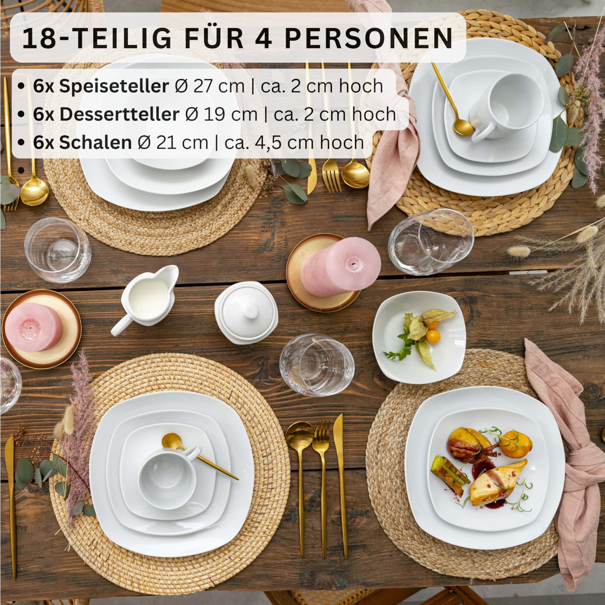 SÄNGER | Tafelservice Bilgola Weiß, 18-teiliges Geschirrset für 6 Personen mit Suppen-, Dessert-, & flachen Tellern aus Porzellan | PREMIUM COLLECTION