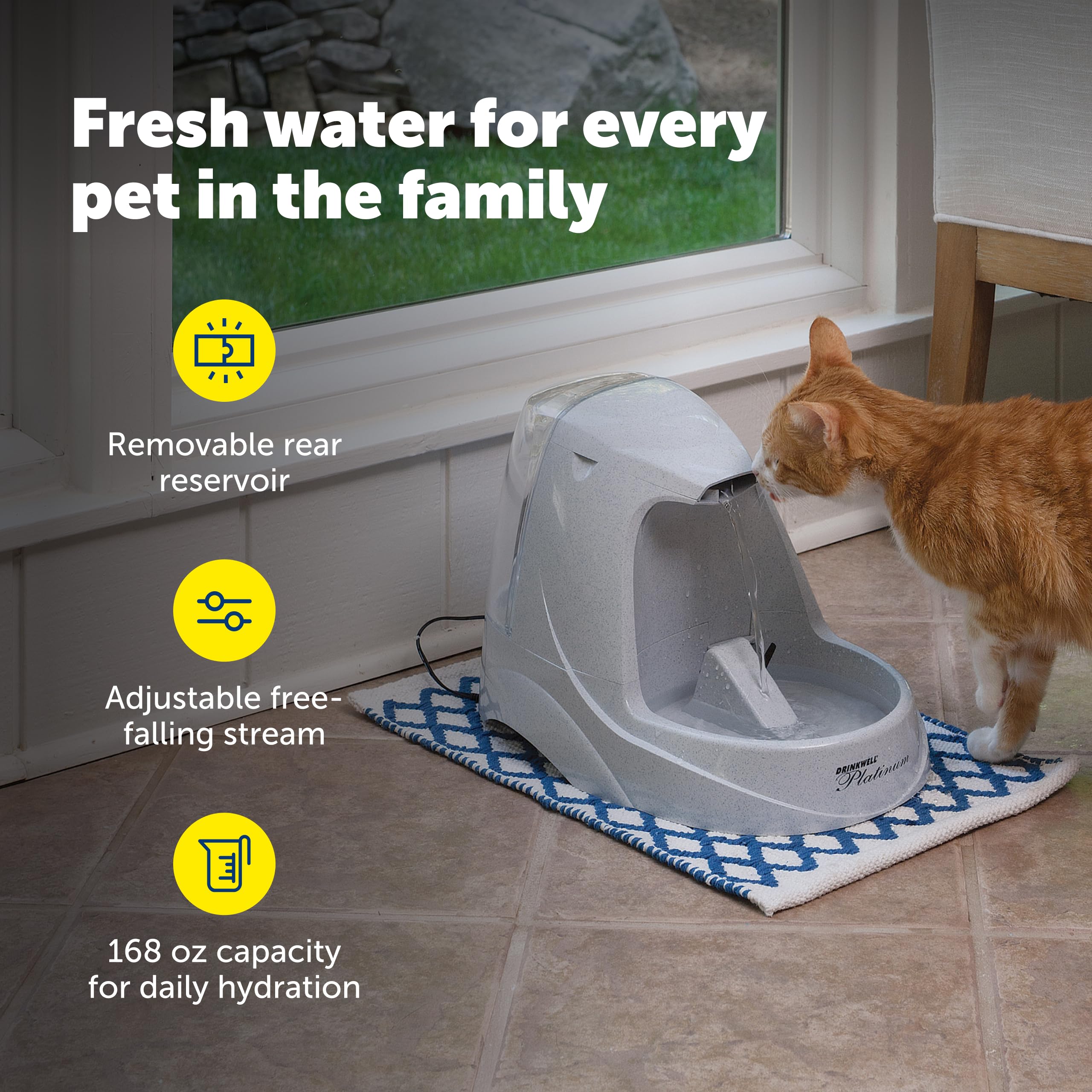 PetSafe Drinkwell Platinum - Fuente de Agua para Gatos – Fuente para Mascotas para Todos los tamaños de Mascotas, fomenta más Beber, Incluye 3 filtros de Carbono de Repuesto adicionales, Uso en