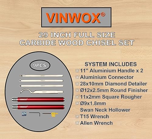Miniatura 9 de Juego de 9 herramientas de torneado de madera de carburo, herramientas de torneado de bolígrafo, incluye cuello de cisne, más áspero, acabador,