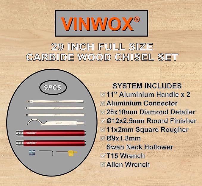 Juego de 9 fresas de carburo para torno de madera VINWOX miniatura 9