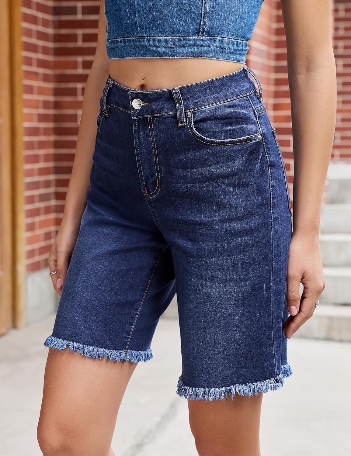 luvamia Jean Bermuda Shorts for Women Trendy Mid Rise Raw Hem Knee Length Stretchy Denim Long Shorts Summer Casual Jorts - Image 2