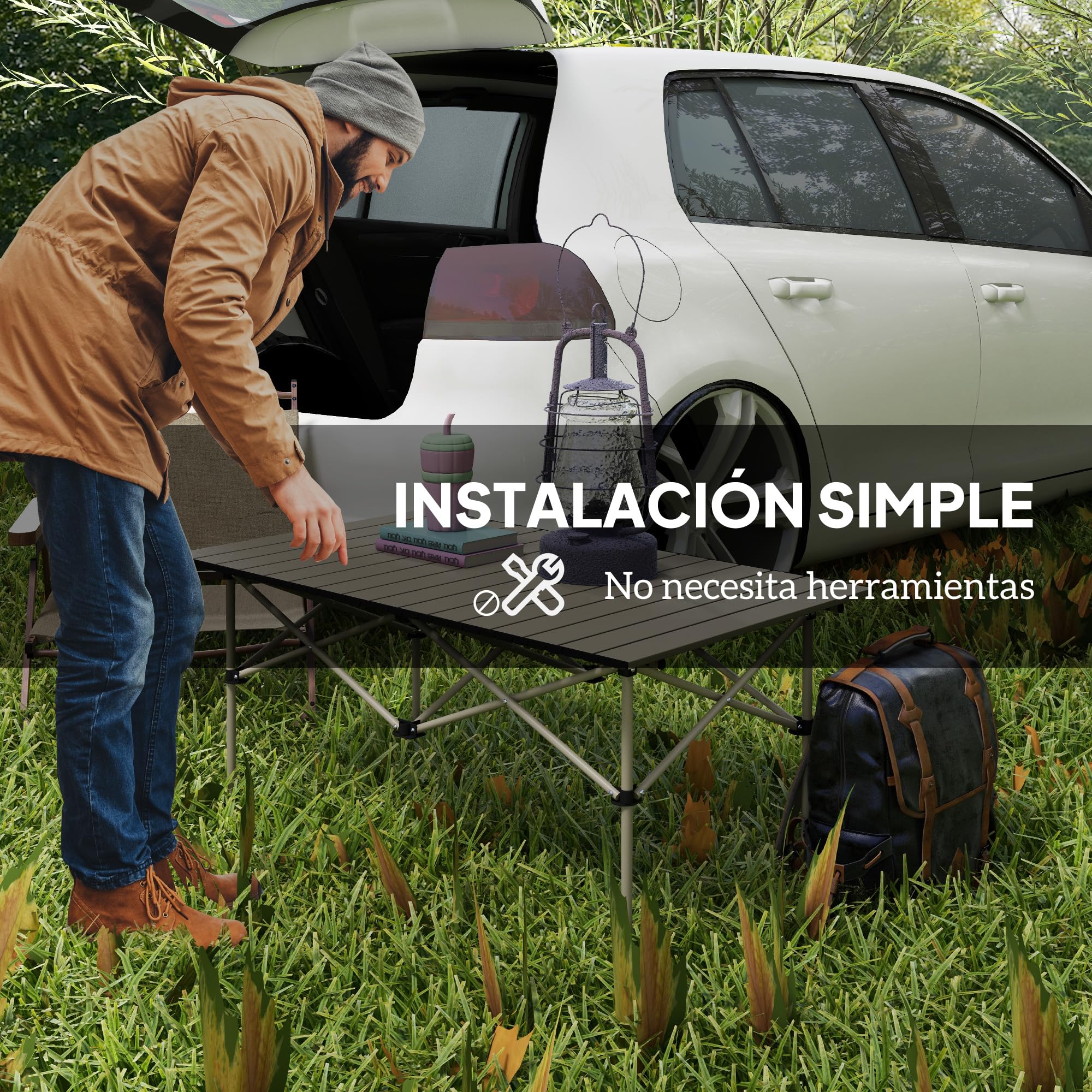 Outsunny Mesa Plegable Camping de Aluminio 95x55x50 cm con Tapa Enrollable y Bolsa de Transporte Mesa de Picnic Portátil Ligera para Acampar Senderismo Playa Caqui