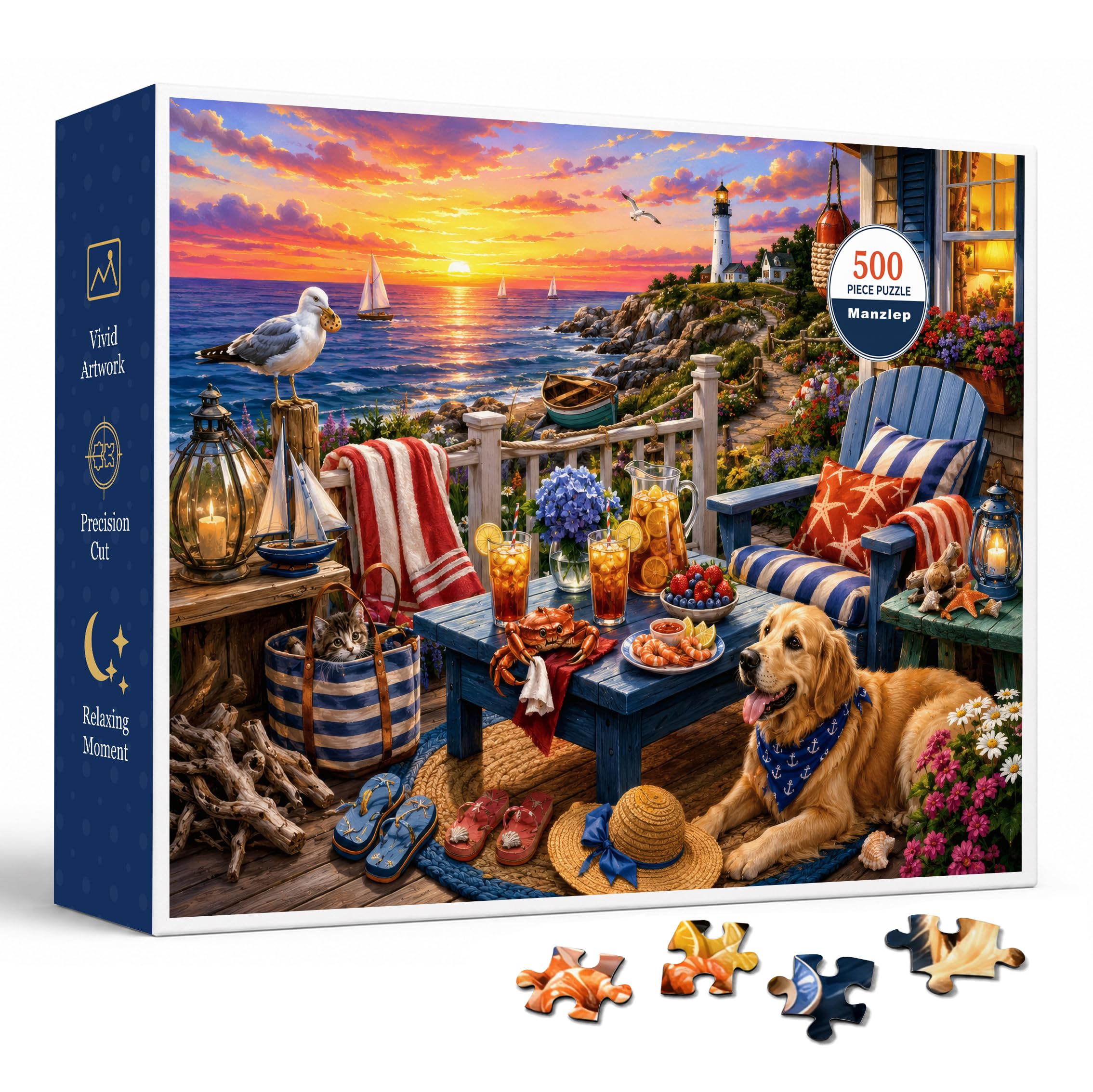 Coastal Lighthouse 500 Piece Jigsaw Puzzle for Adults, Seaside Porch Sunset Scene with Sailboats, Golden Retriever, Flowers, Iced Tea, Adirondack Chair, and Nautical Summer Cottage Porch Details