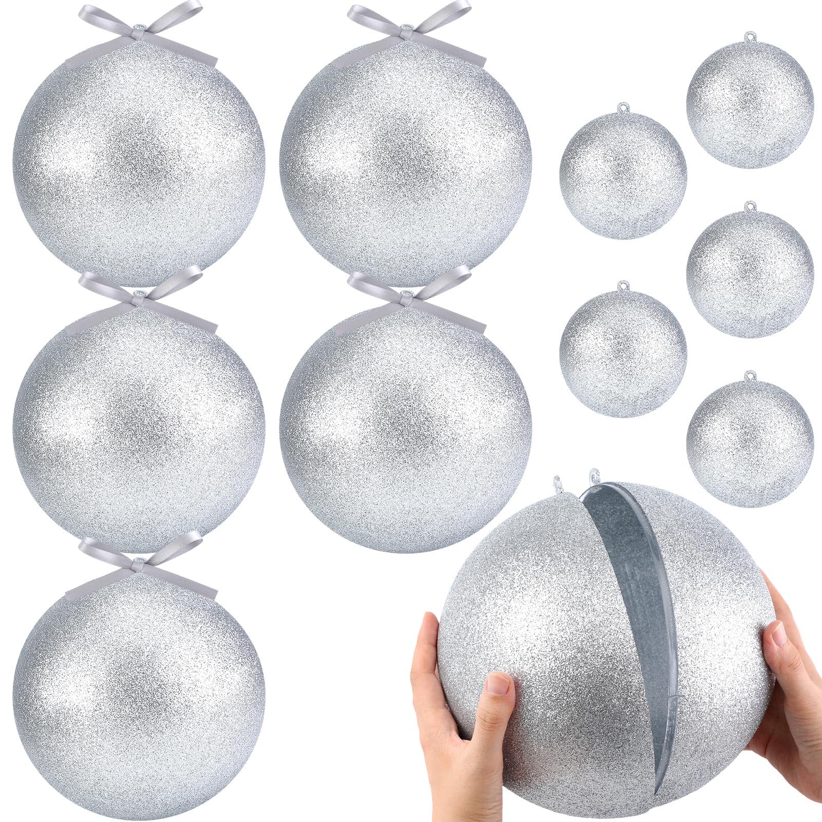 Karenhi 10 Pcs Extra Large Shiny Christmas Ball Ornaments Oversized Xmas Tree Ornaments Fillable Big Giant Jumbo Plastic Holiday Hanging Gift Box Decor for Indoor Outdoor Outside Lawn Yard (Silver)