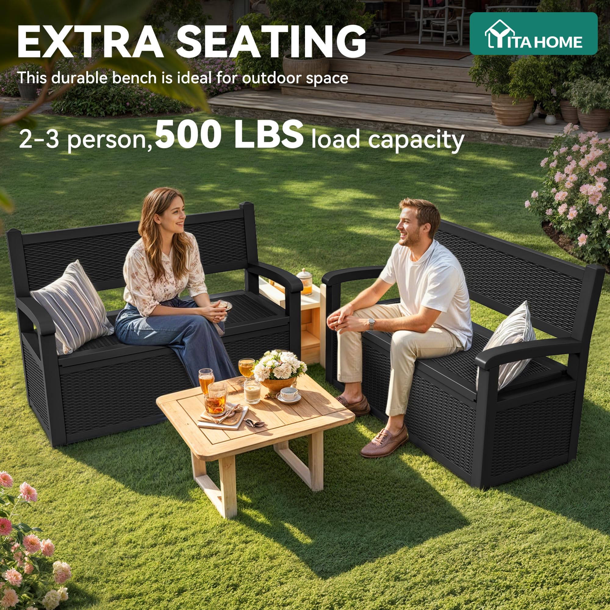YITAHOME Aufbewahrungsbox mit 270L Fassungsvermögen, Allwetter-Resin Gartenbank mit abschließbarem Deckel, Gartenaufbewahrung für Terrassenmöbel, Kissen, Werkzeuge und Poolzubehör Schwarzer-Stuhl
