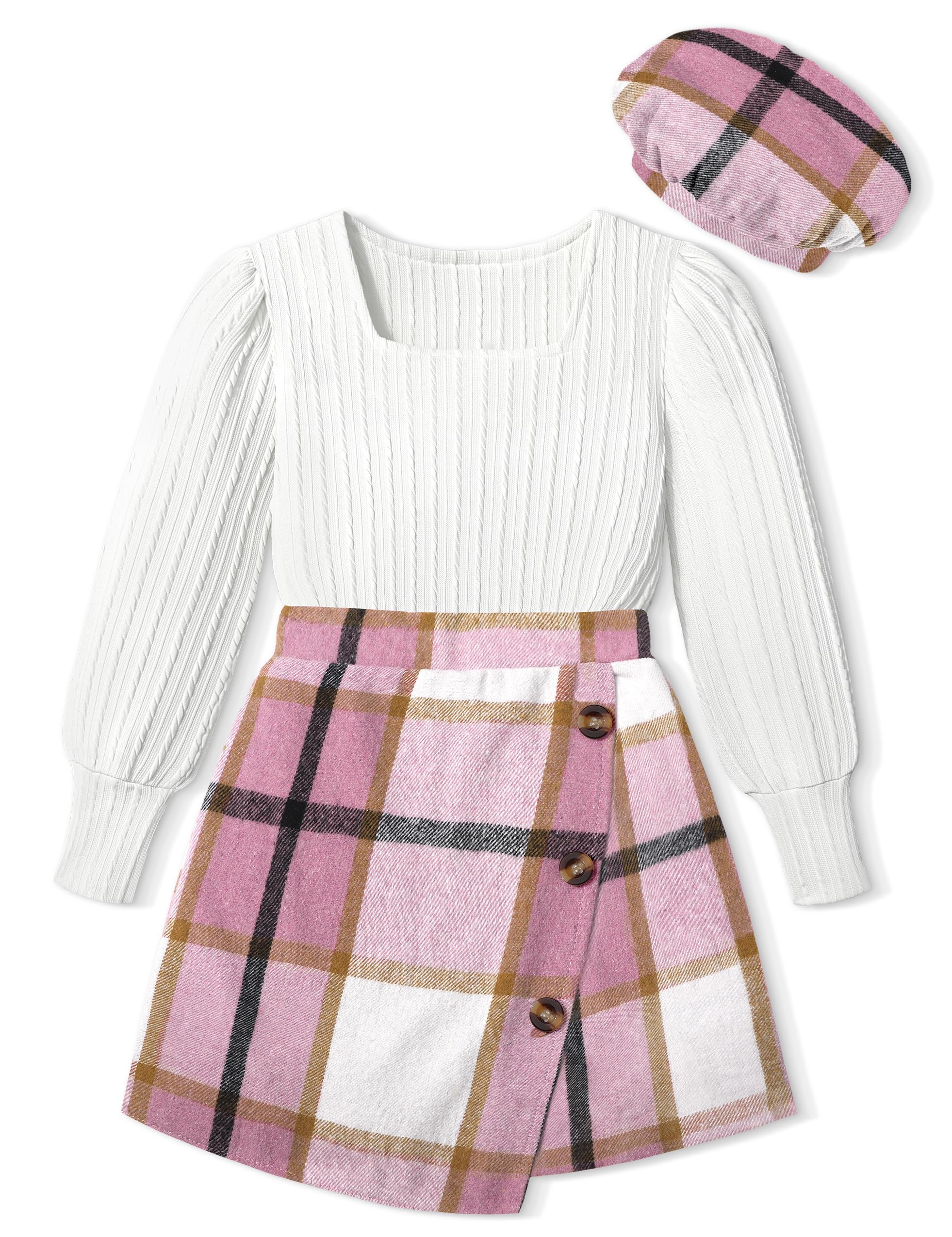 AGAPENG Girl Skirt Sets 3 Piece Outfits Square Neck Jacquard Puff Sleeve Tops Plaid Mini Skirt Shorts Fall Winter Clothes