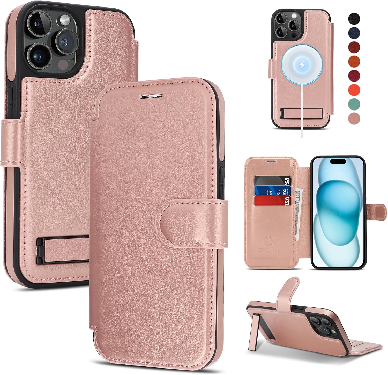 for iPhone 13 Pro Max Wallet Case with Stand,PU Leather Flip Credit Card Holder Slots (RFID Blocking),Compatible with Magsafe Magnetic Holder Phone Cover Women Men,Rose Gold