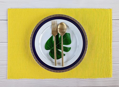 Miniatura 2 de Juego de 4 manteles individuales acanalados 100 % algodón, 13 x 19 pulgadas, color amarillo, para uso diario, Acción de Gracias y otoño, manteles