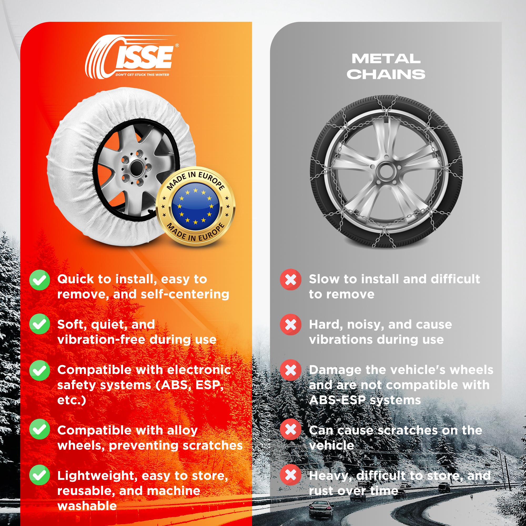 ISSE Jeu de 2 chaînes à neige en textile pour voiture ISSE Super Taille 66