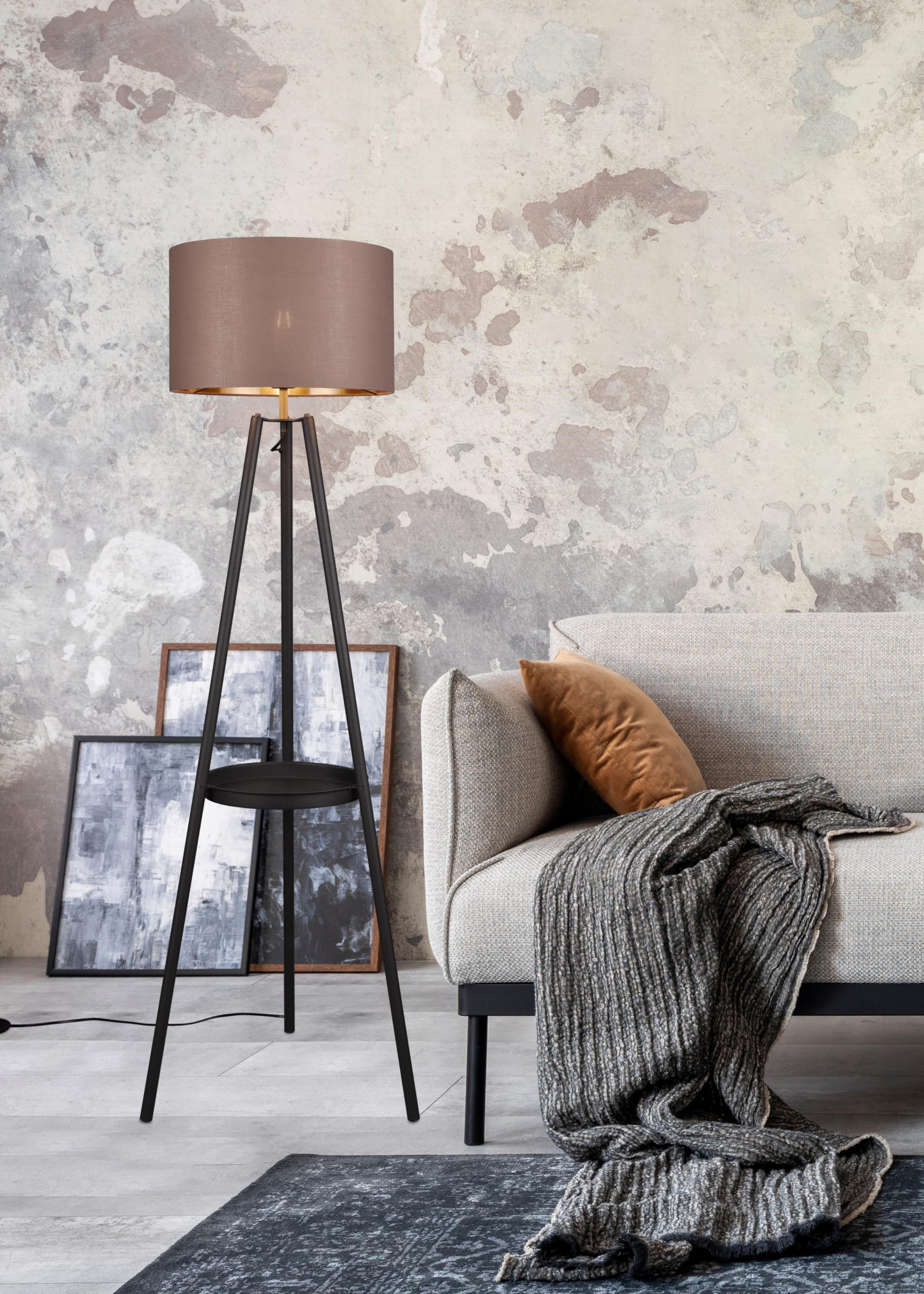Reality Leuchten Stehleuchte Colette R41561032, Metall Schwarz Matt, Schirm Stoff Taupe/Goldfarbig, exkl. 1x E27