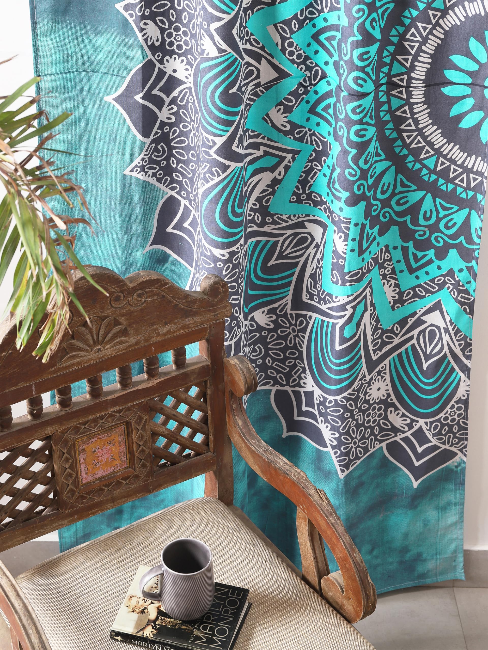 Popular Handicrafts Hippie-Mandala-Ombre-Vorhänge, für Wohnzimmer oder Schlafzimmer, lichtdurchlässige, halbtransparente Boho-Landhausgardinen, 193,0 x 210,8 cm (B x L), Türkis, 2er-Set