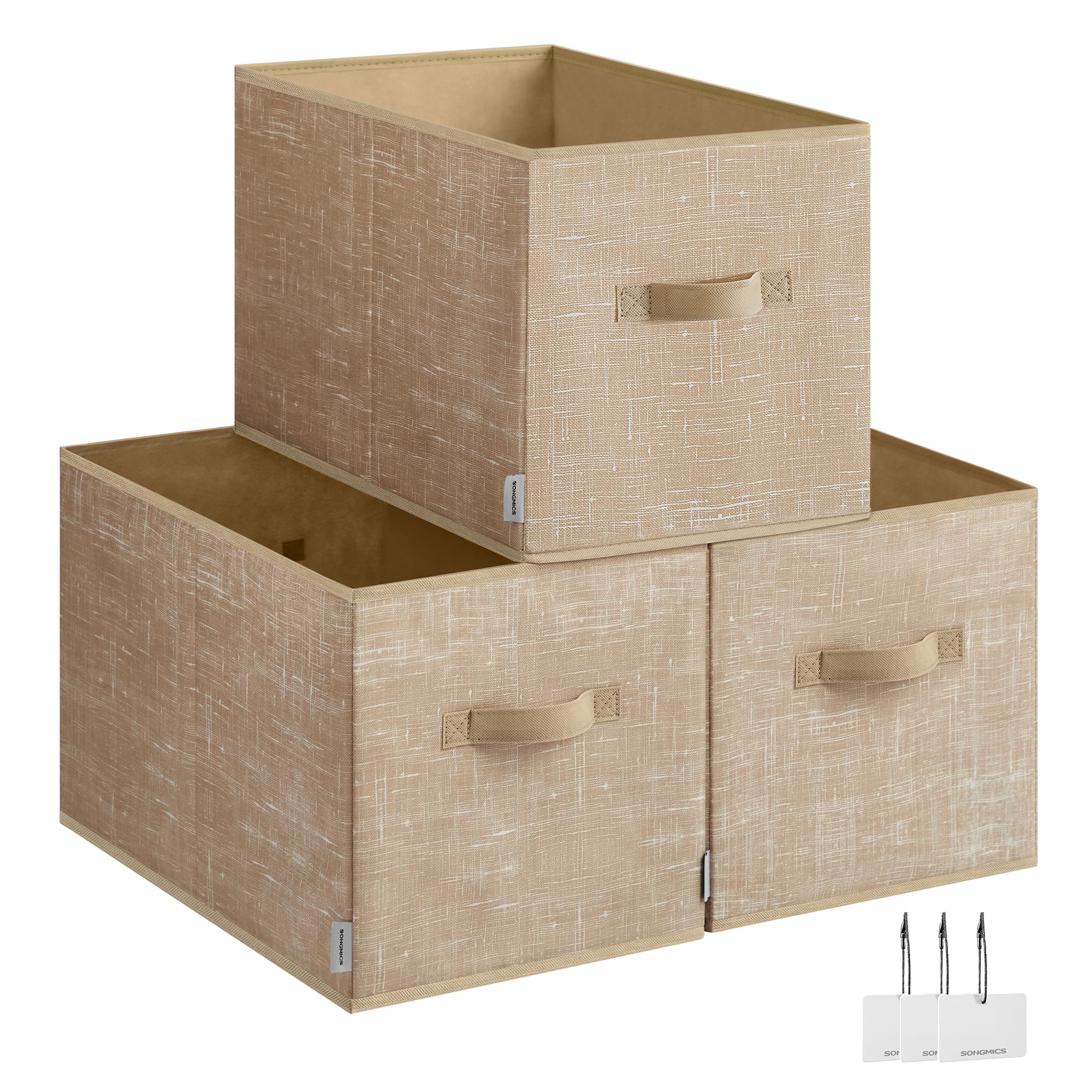 SONGMICES Collapsible Storage Boxes, Set of 3 Fabric Storage Baskets, 50 x 30 x 30 cm, Wardrobe Storage Organisers, 2 Handles, Label Holders, for Bedroom, Living Room, Sand Beige ROB450K01