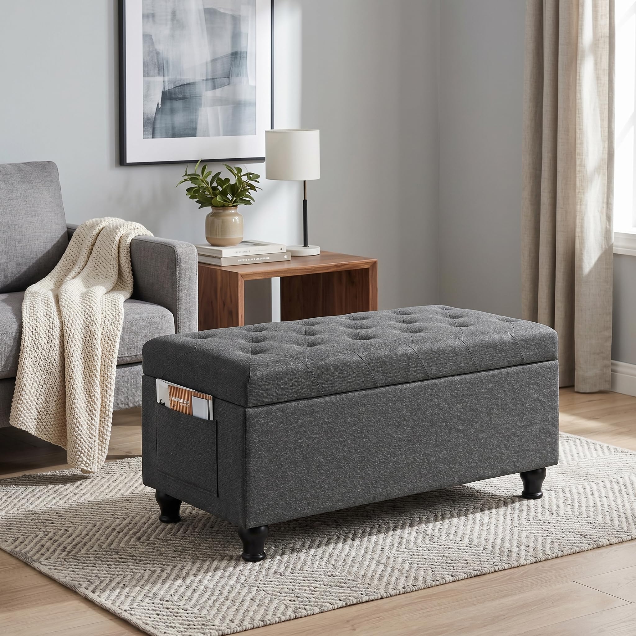Ottoman with Storage 32'' Ottoman Storage Bench Linen Fabric Ottomans Footstools Upholstered Foot Rest Stool for Couch, Living Room, Bedroom, Entrance Shoe Bench Dark Gray