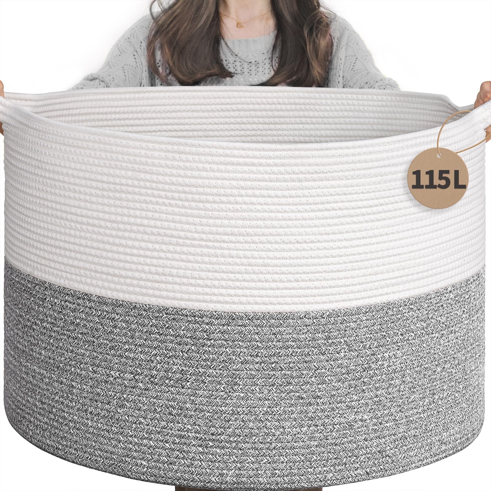TIMEYARD 115L Extra Large Blanket Basket, Soft Cotton Rope Storage Basket for Organizing, Home Decor, Toys, Laundry & Towels, Toy Storage Organizer for Living Room & Nursery, Light Grey