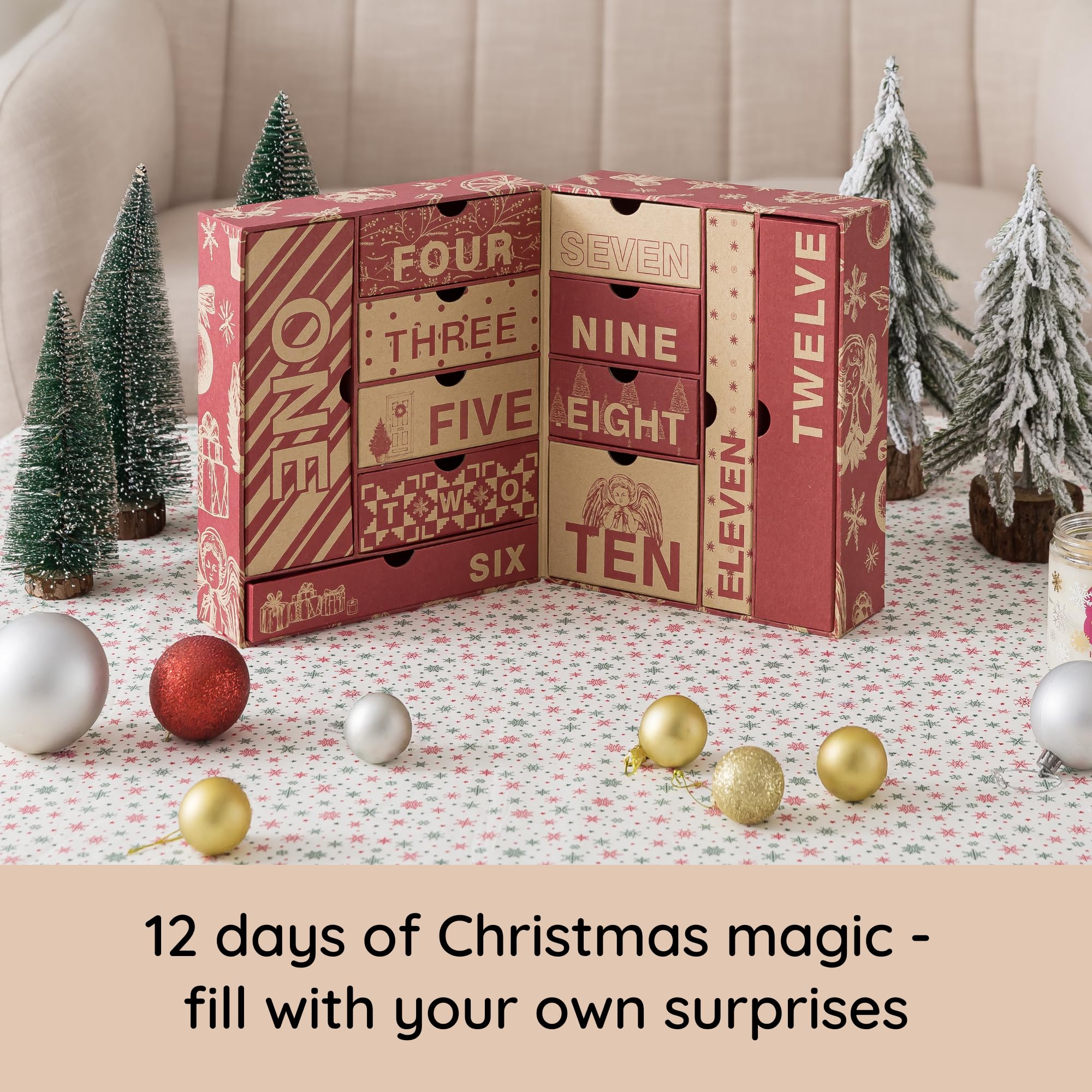 Soul & Lane Calendario de Adviento vacío de 12 días de Navidad para llenarlo, cajas de Adviento rellenables de cartón reutilizable de 12 días de Navidad, calendario recargable en blanco