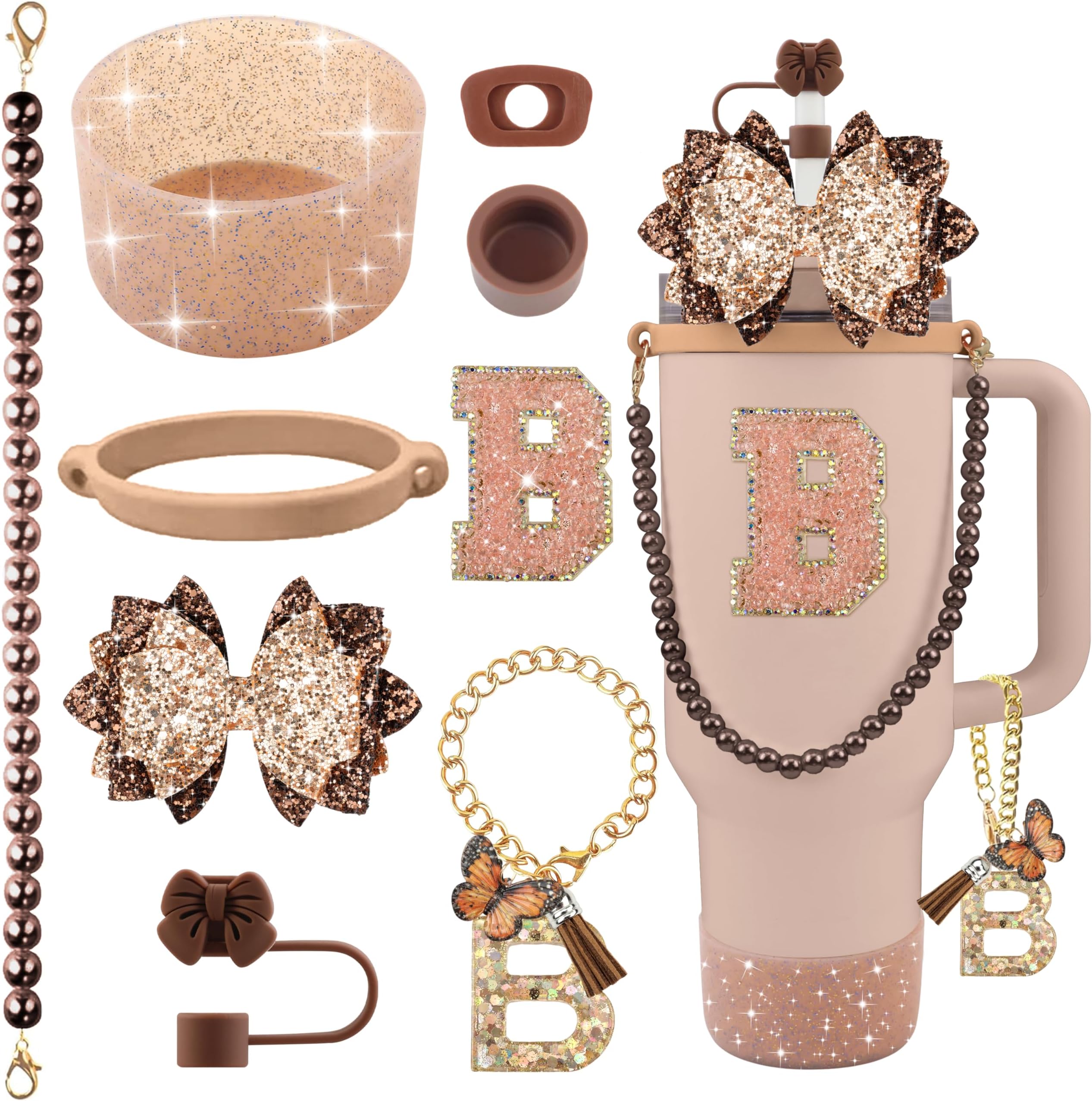 9PCS Brown for Stanley Cup Accessories Set Bling Initials Bow Charms for Stanley Decorations 30/40 Oz Tumbler Accessories Including Bow Straw Topper, Handle Strap, Spill Stopper（Letter B）