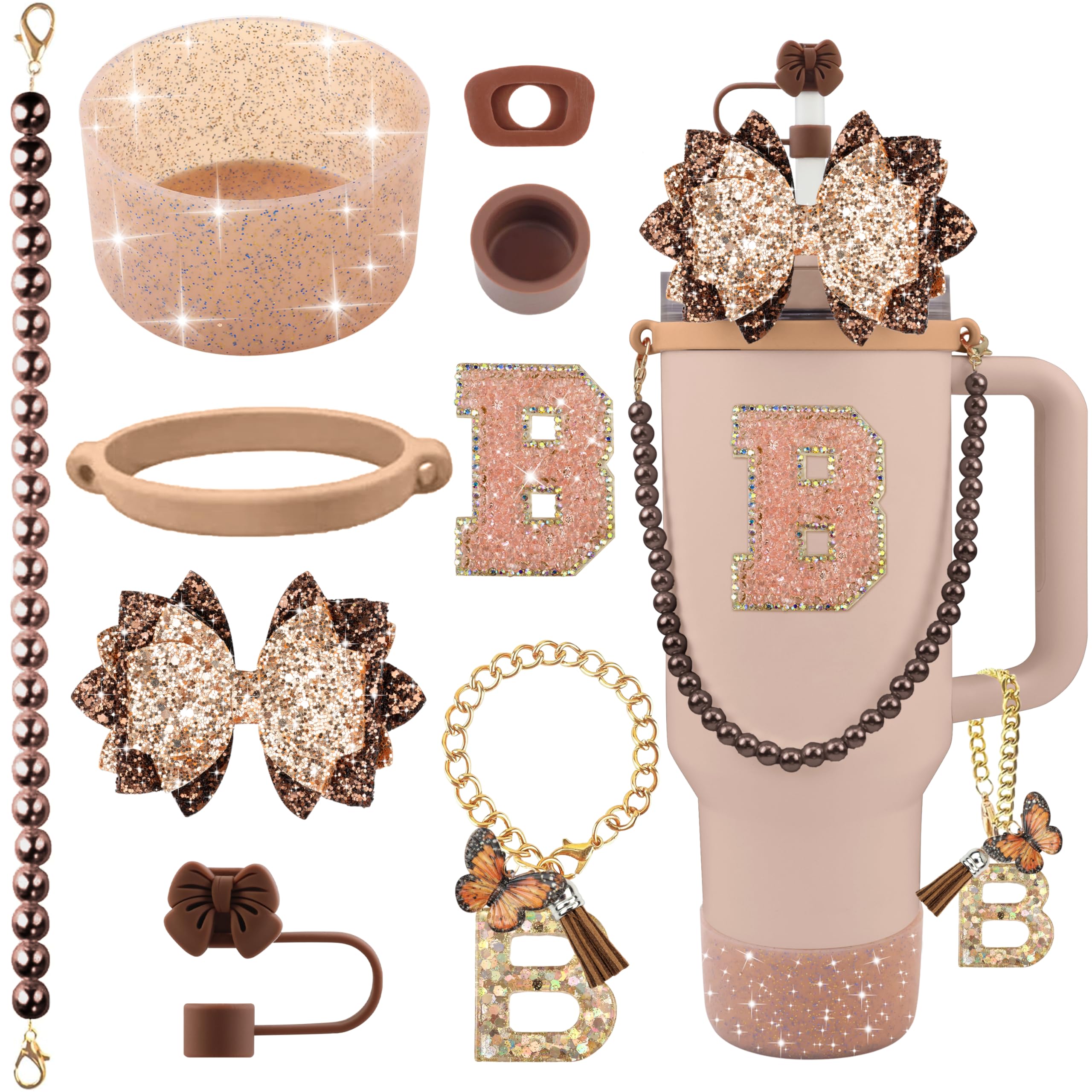 9PCS Brown for Stanley Cup Accessories Set Bling Initials Bow Charms for Stanley Decorations 30/40 Oz Tumbler Accessories Including Bow Straw Topper, Handle Strap, Spill Stopper（Letter B）